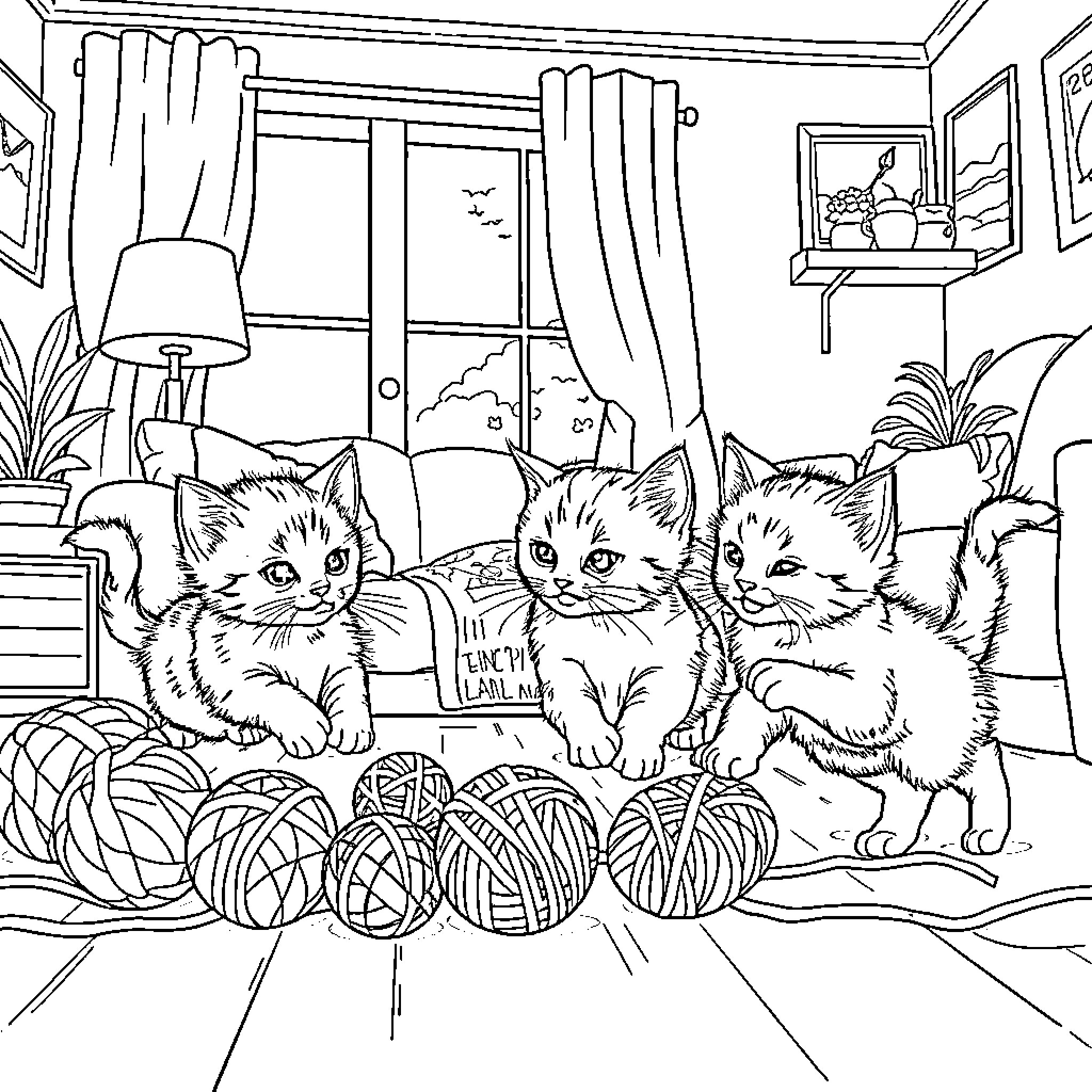 Kittens Playing with Yarn in Cozy Room Coloring Page (free black-and-white line drawing printable PDF for all, from beginners to advanced learners, including children, teens, adults, and seniors)