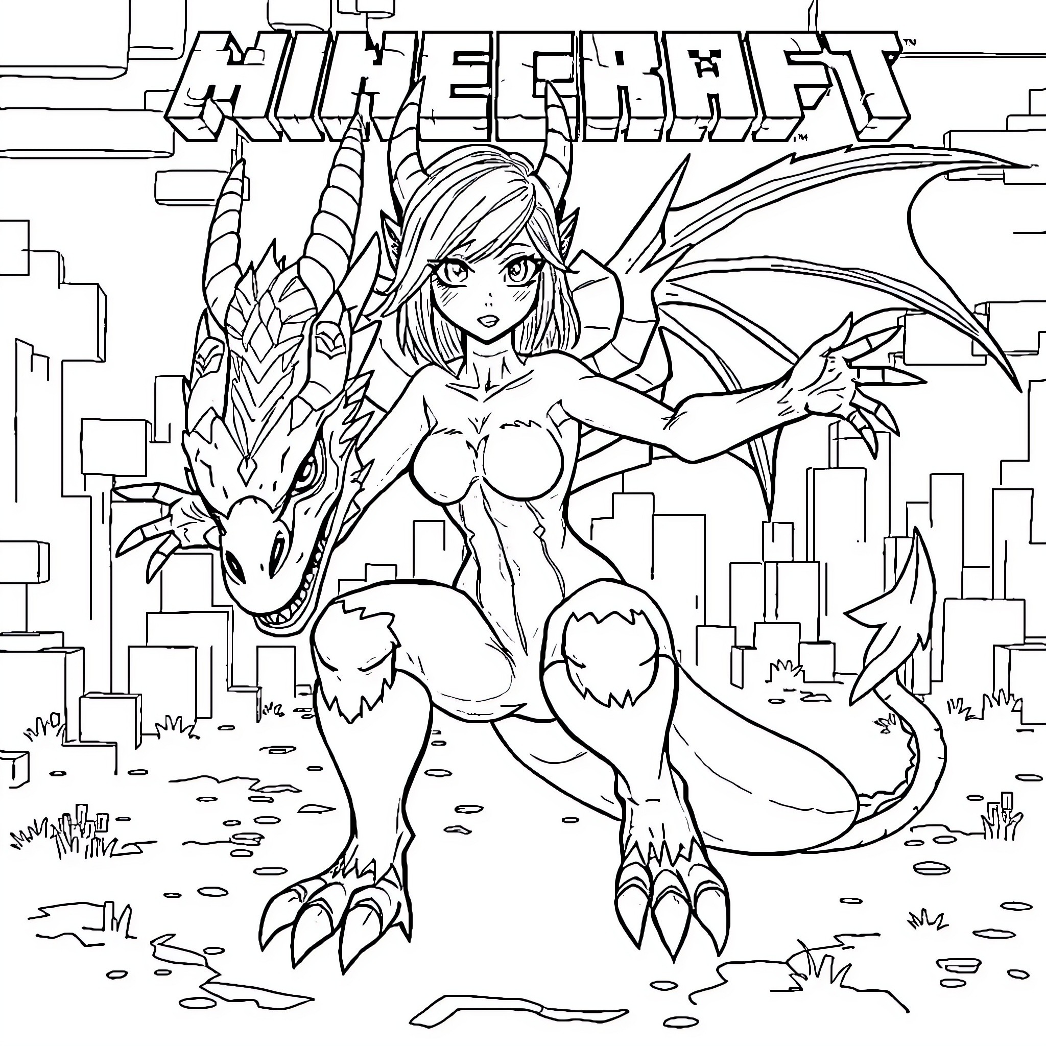 Dragon-Themed Female Warrior in a Fantastical Cityscape Coloring Page (free black-and-white line drawing printable PDF for all, from beginners to advanced learners, including children, teens, adults, and seniors)