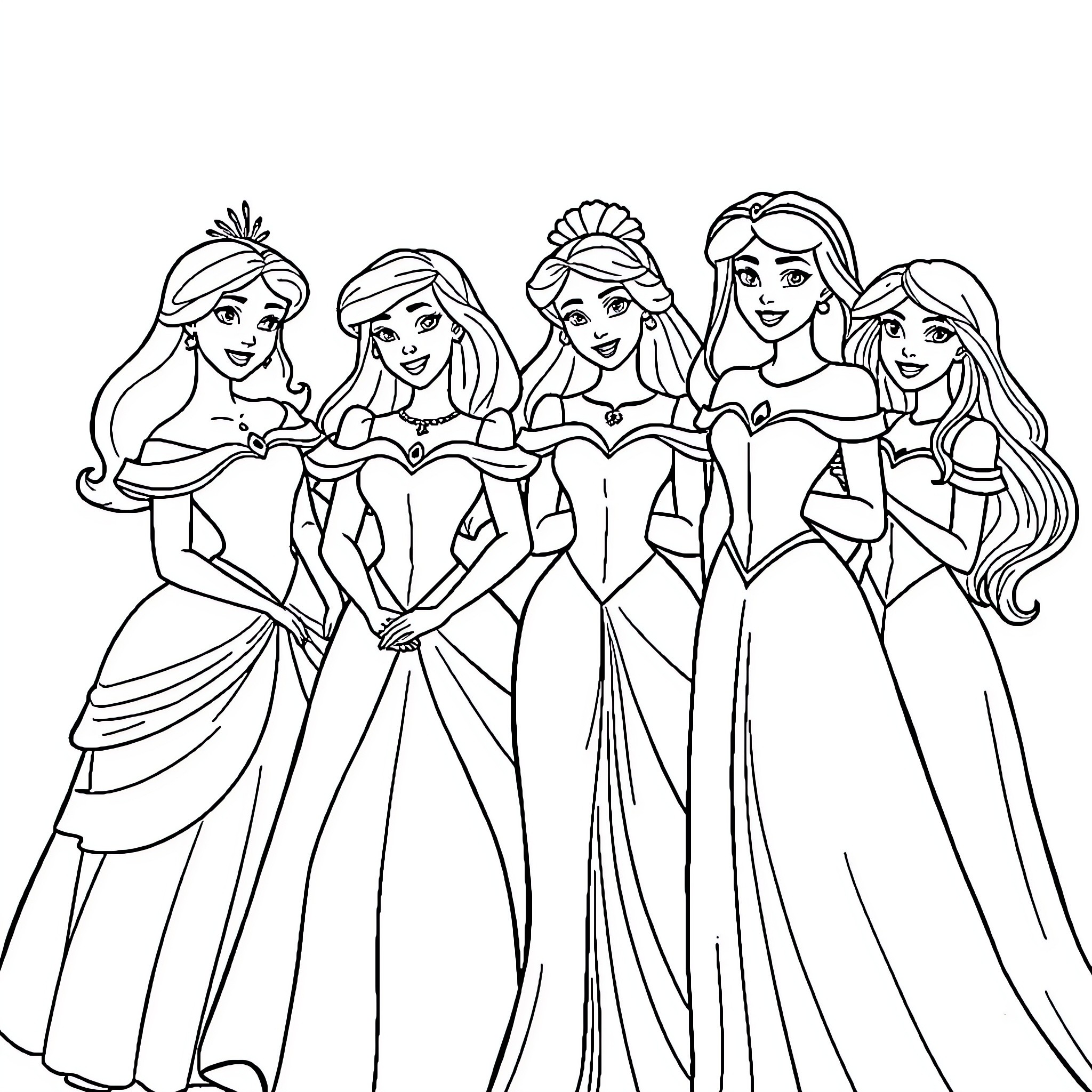 Disney Princesses in Elegant Gowns and Poses Coloring Page (free black-and-white line drawing printable PDF for all, from beginners to advanced learners, including children, teens, adults, and seniors)