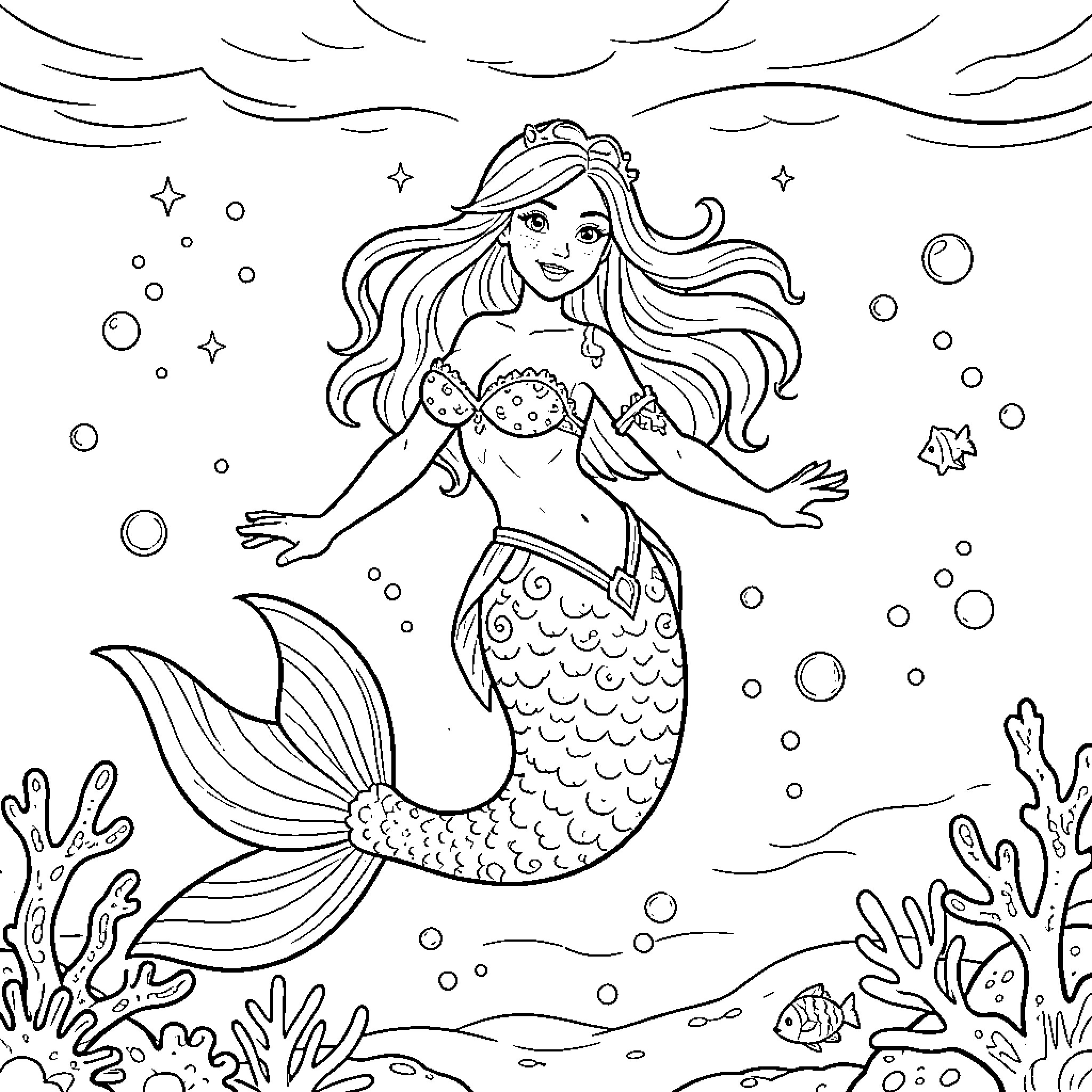 Mermaid swimming gracefully underwater with marine life Coloring Page (free black-and-white line drawing printable PDF for all, from beginners to advanced learners, including children, teens, adults, and seniors)