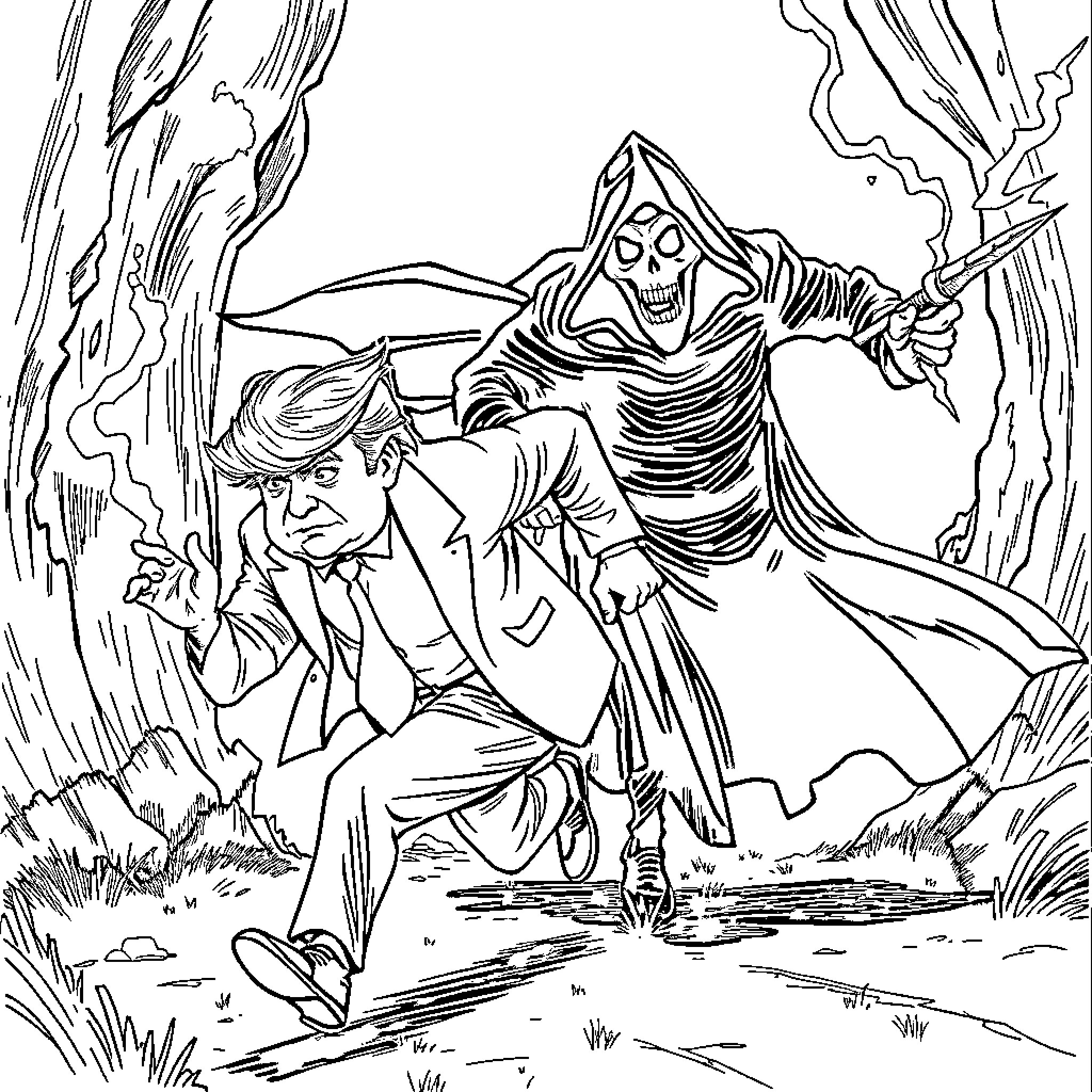 Donald Trump fleeing from a frightening creature in the woods Coloring Page (free black-and-white line drawing printable PDF for all, from beginners to advanced learners, including children, teens, adults, and seniors)