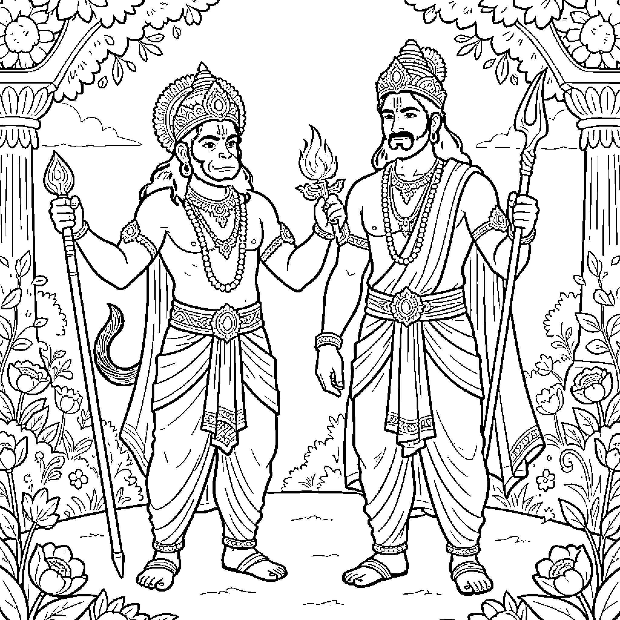 Hanuman and Lord Rama in Mythological Attire Coloring Page (free black-and-white line drawing printable PDF for all, from beginners to advanced learners, including children, teens, adults, and seniors)