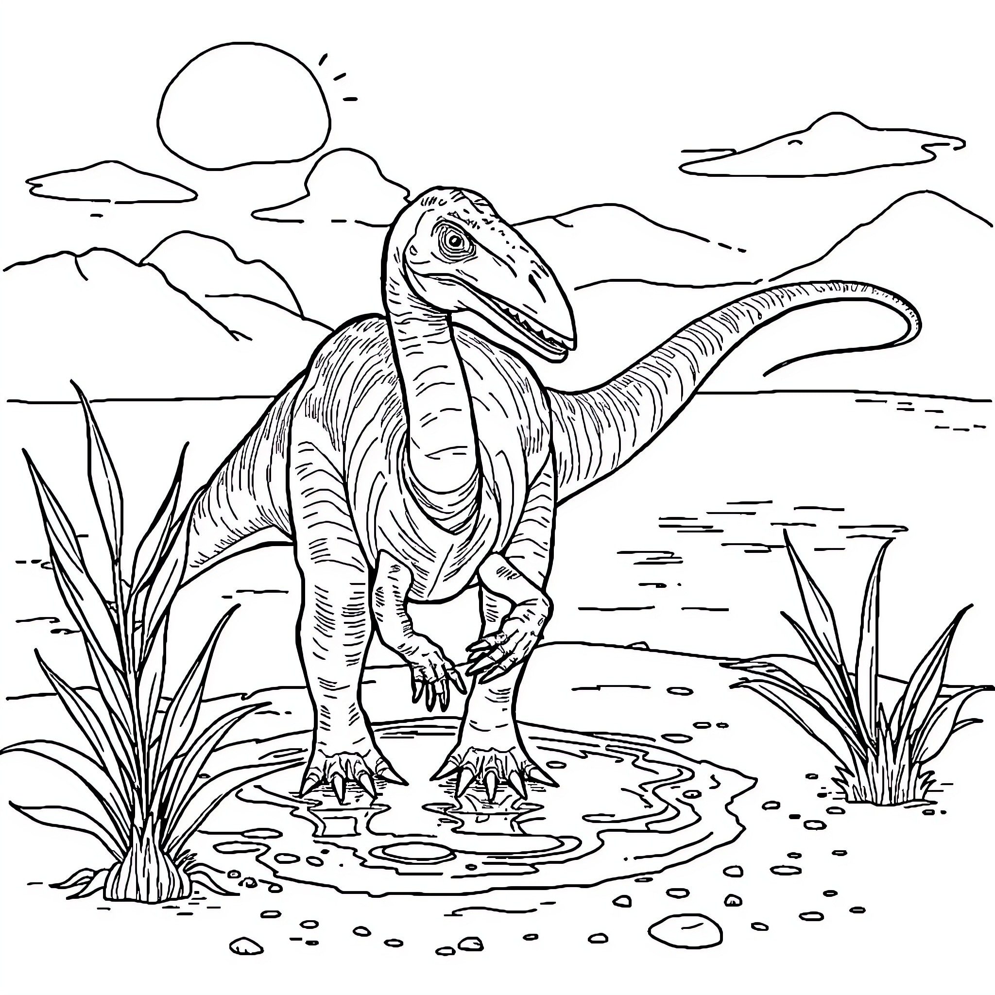 Deinocheirus exploring prehistoric landscape Coloring Page (free black-and-white line drawing printable PDF for all, from beginners to advanced learners, including children, teens, adults, and seniors)