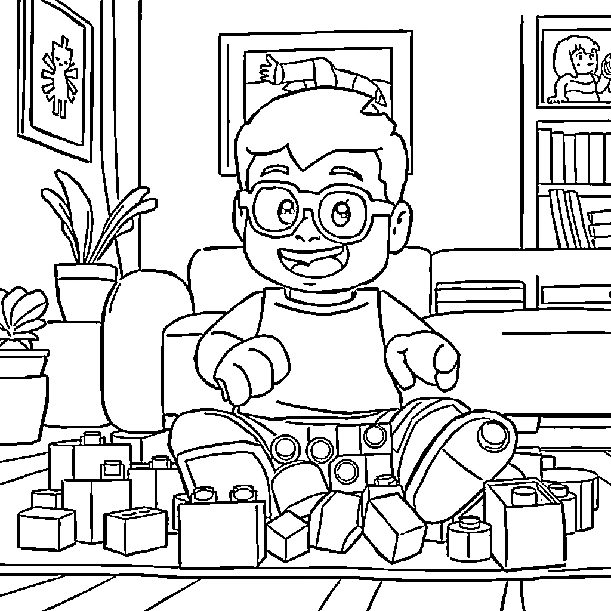 Bluey playing with toys in the room Coloring Page (free black-and-white line drawing printable PDF for all, from beginners to advanced learners, including children, teens, adults, and seniors)