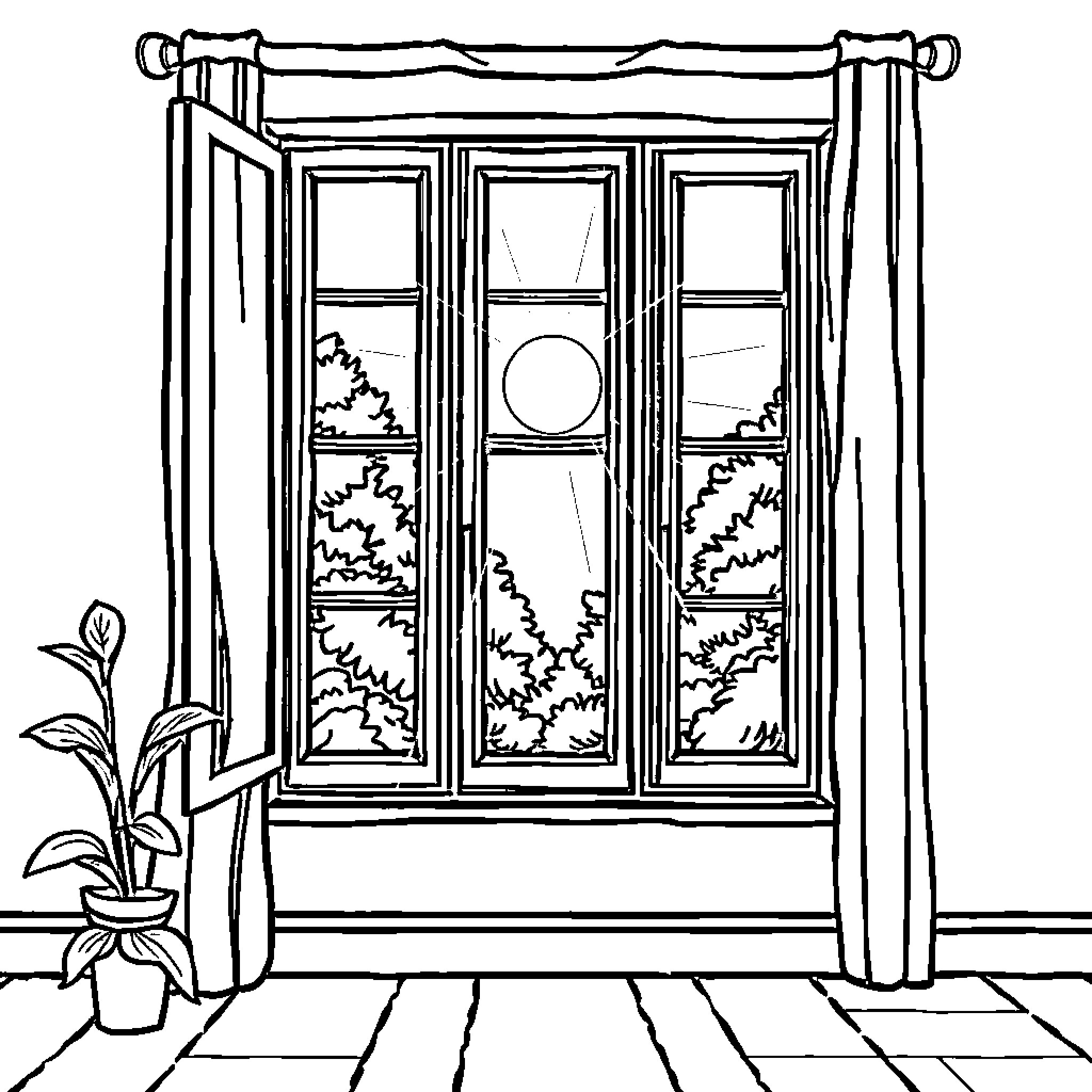 Window with a scenic view Coloring Page (free black-and-white line drawing printable PDF for all, from beginners to advanced learners, including children, teens, adults, and seniors)