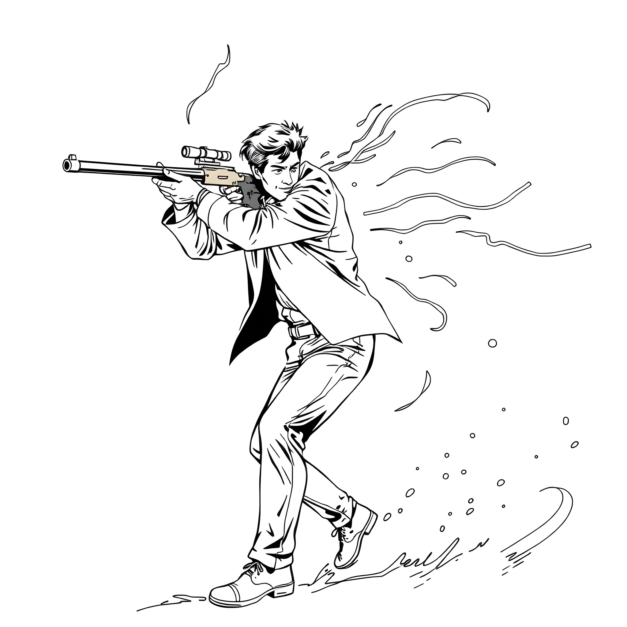 Man wielding a rifle with intense action Coloring Page (free black-and-white line drawing printable PDF for all, from beginners to advanced learners, including children, teens, adults, and seniors)