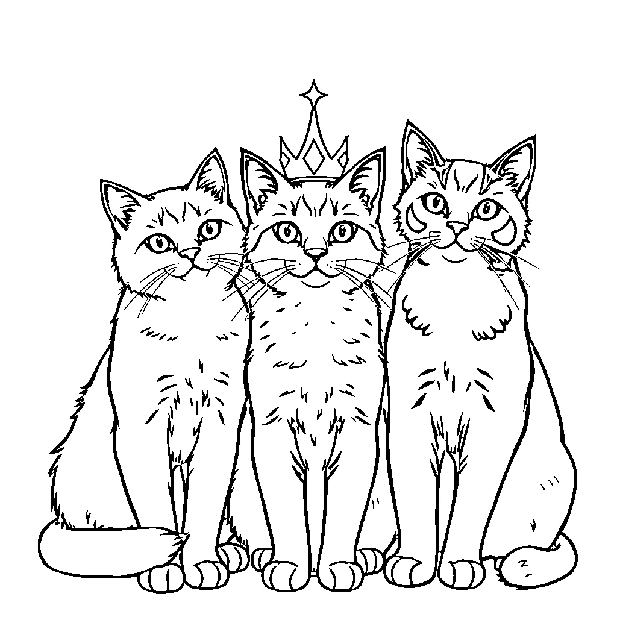 Cat Royals in Crown Admiring Each Other Coloring Page (free black-and-white line drawing printable PDF for all, from beginners to advanced learners, including children, teens, adults, and seniors)