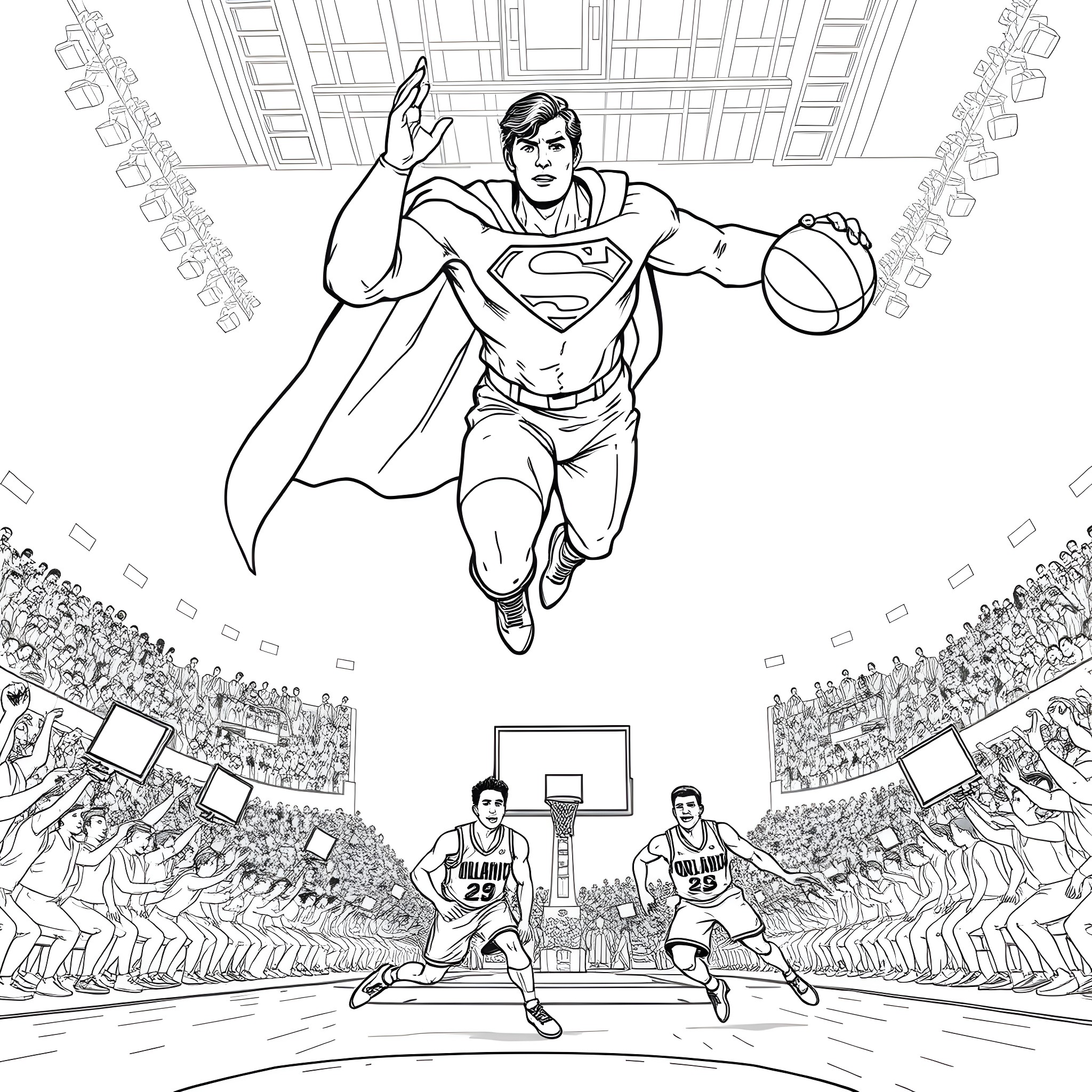 Superman soaring over a basketball court Coloring Page (free black-and-white line drawing printable PDF for all, from beginners to advanced learners, including children, teens, adults, and seniors)