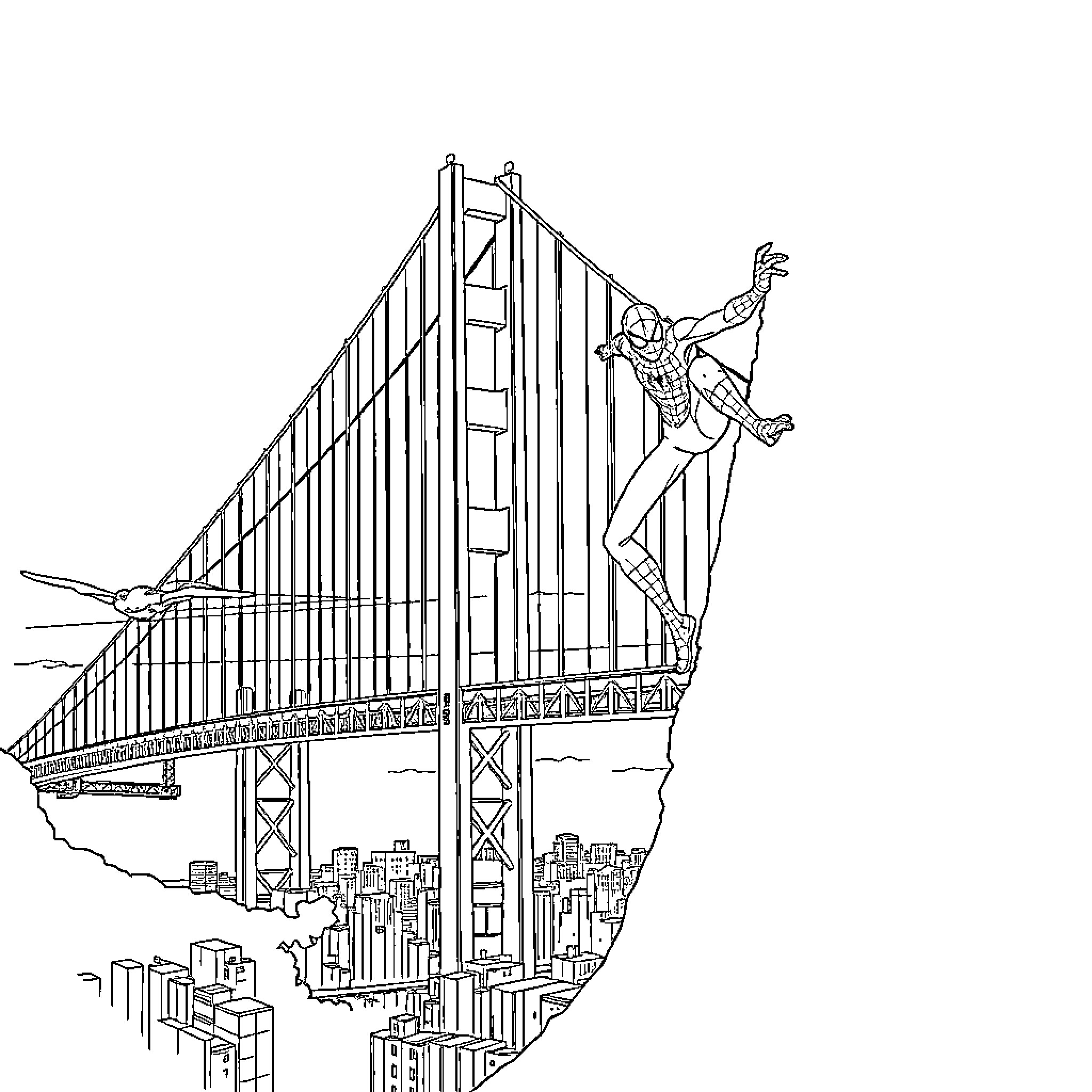 Spiderman swinging over Golden Gate Bridge Coloring Page (free black-and-white line drawing printable PDF for all, from beginners to advanced learners, including children, teens, adults, and seniors)