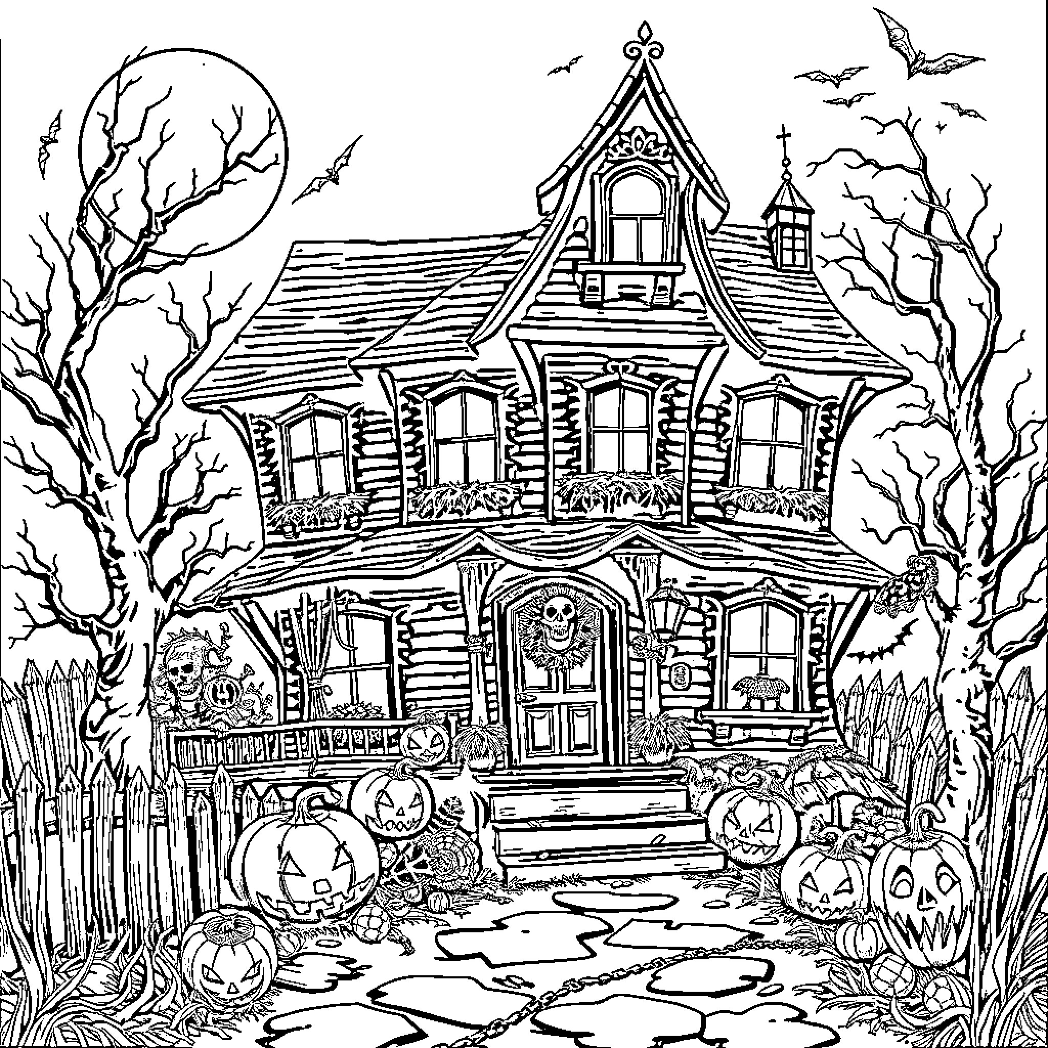 Haunted House with Eerie Decorations and Pumpkins Coloring Page (free black-and-white line drawing printable PDF for all, from beginners to advanced learners, including children, teens, adults, and seniors)