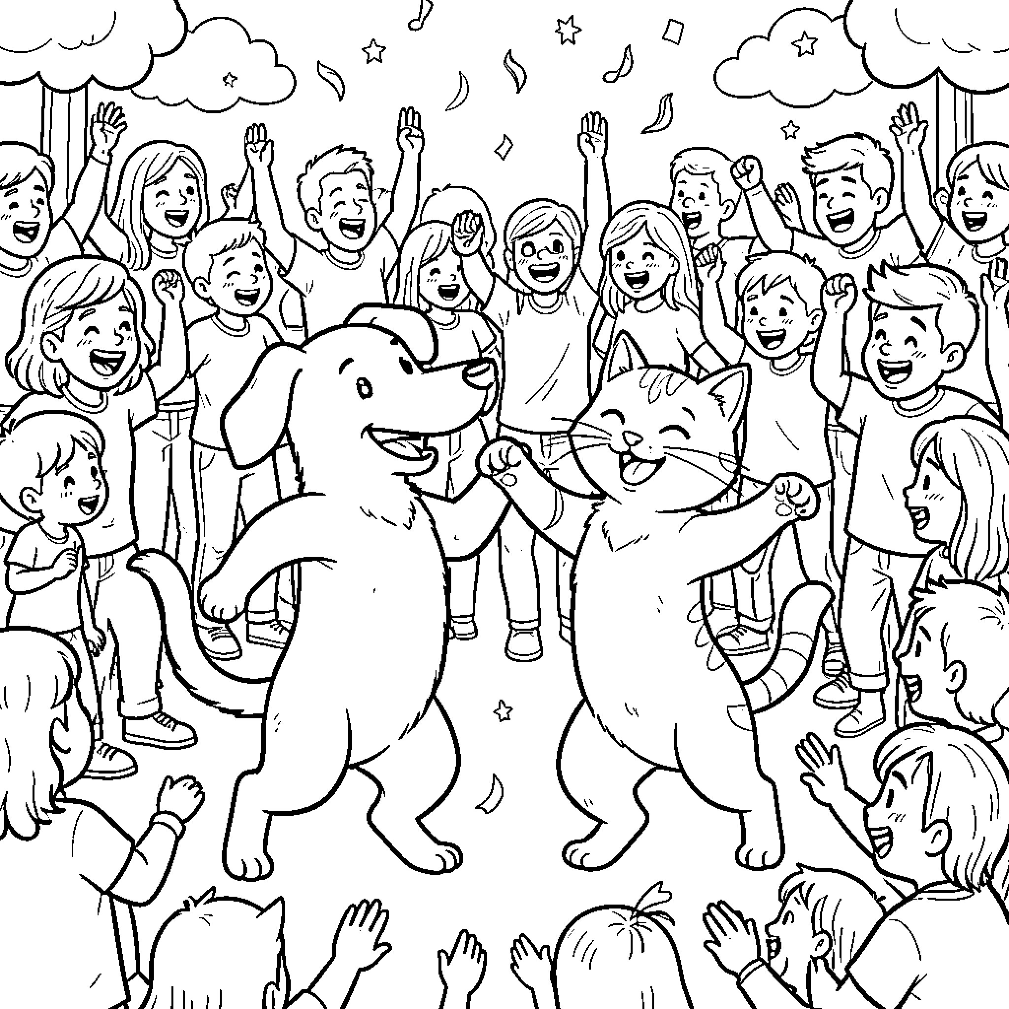 Dog and Cat Surrounded by Cheerful People Coloring Page (free black-and-white line drawing printable PDF for all, from beginners to advanced learners, including children, teens, adults, and seniors)
