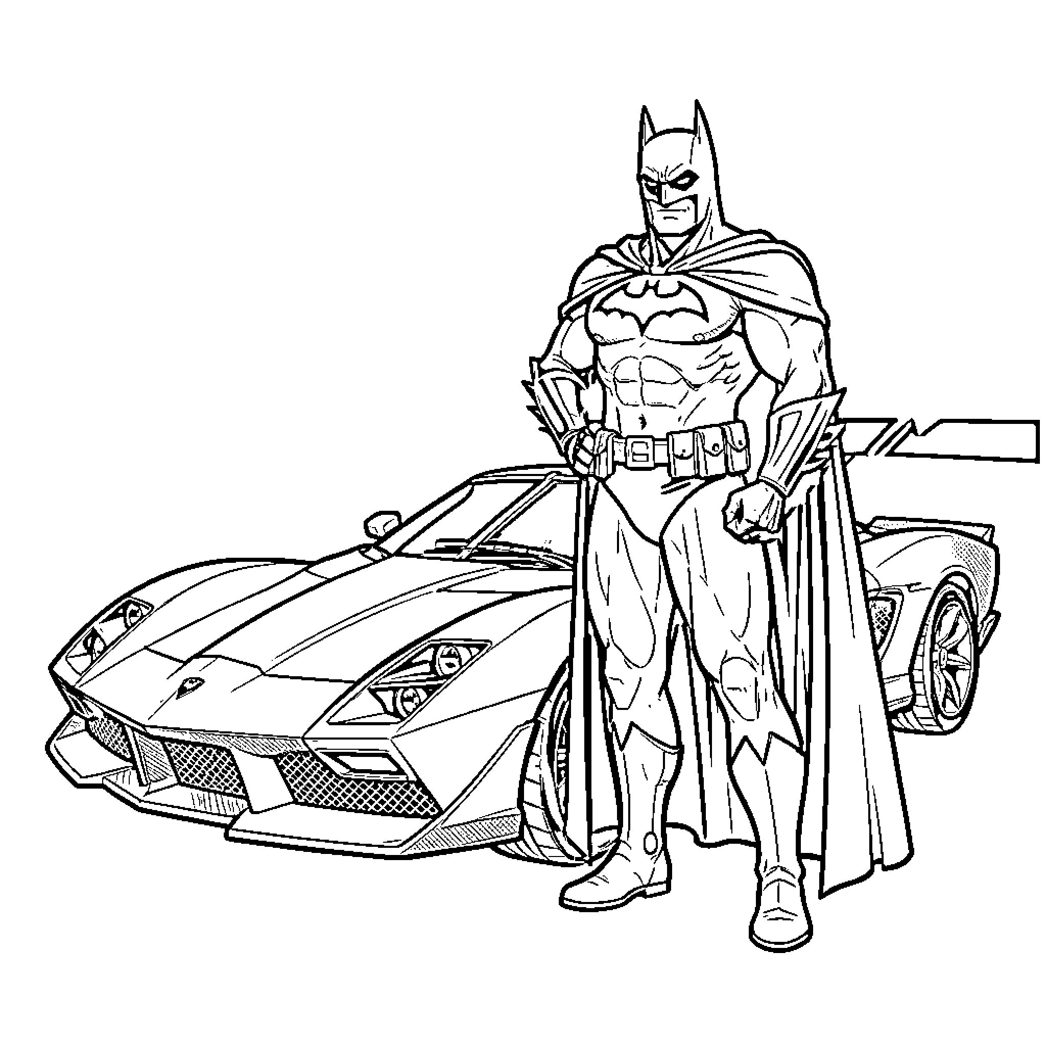 Batman in action with his sleek sports car Coloring Page (free black-and-white line drawing printable PDF for all, from beginners to advanced learners, including children, teens, adults, and seniors)