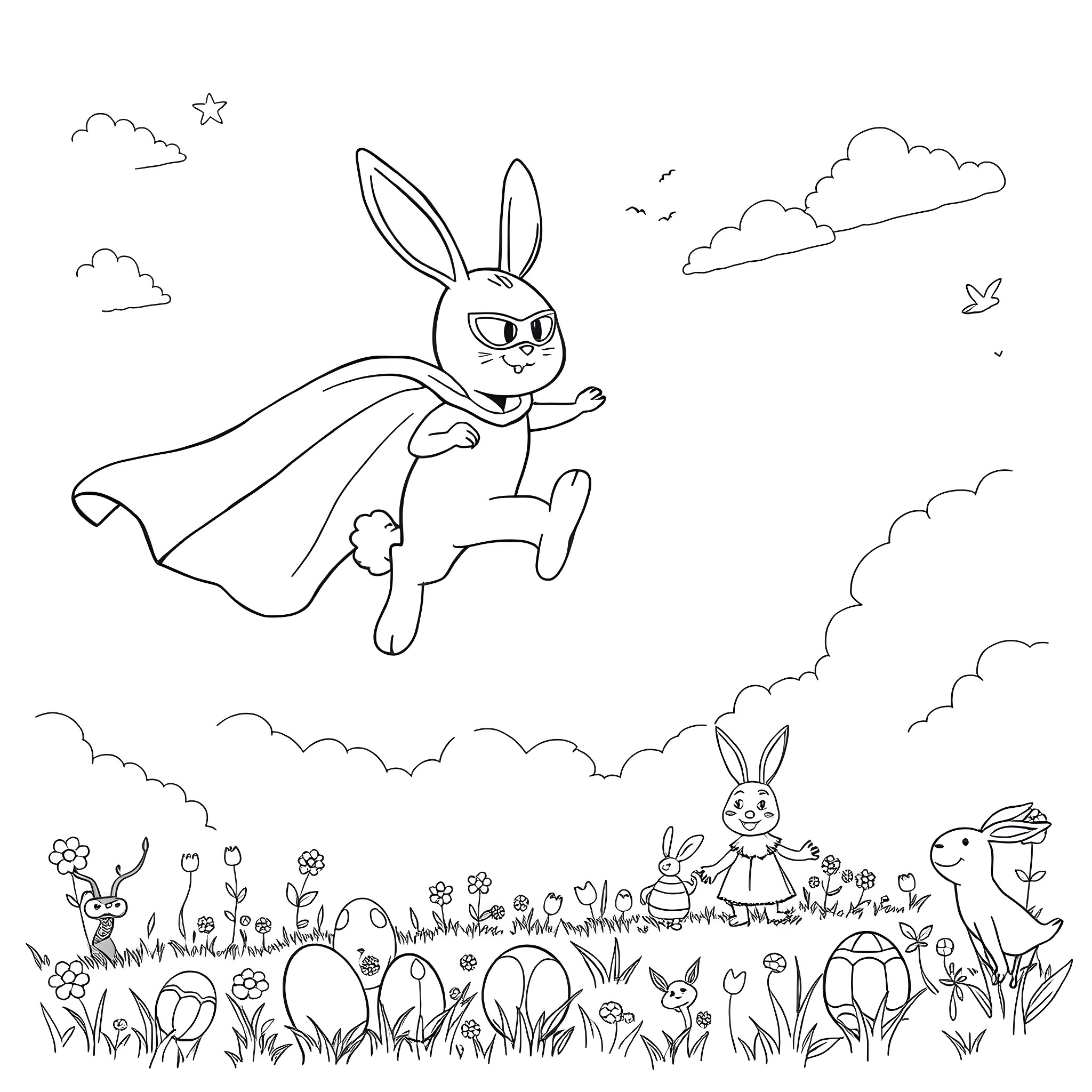 Bunny superhero flying over field of bunnies Coloring Page (free black-and-white line drawing printable PDF for all, from beginners to advanced learners, including children, teens, adults, and seniors)