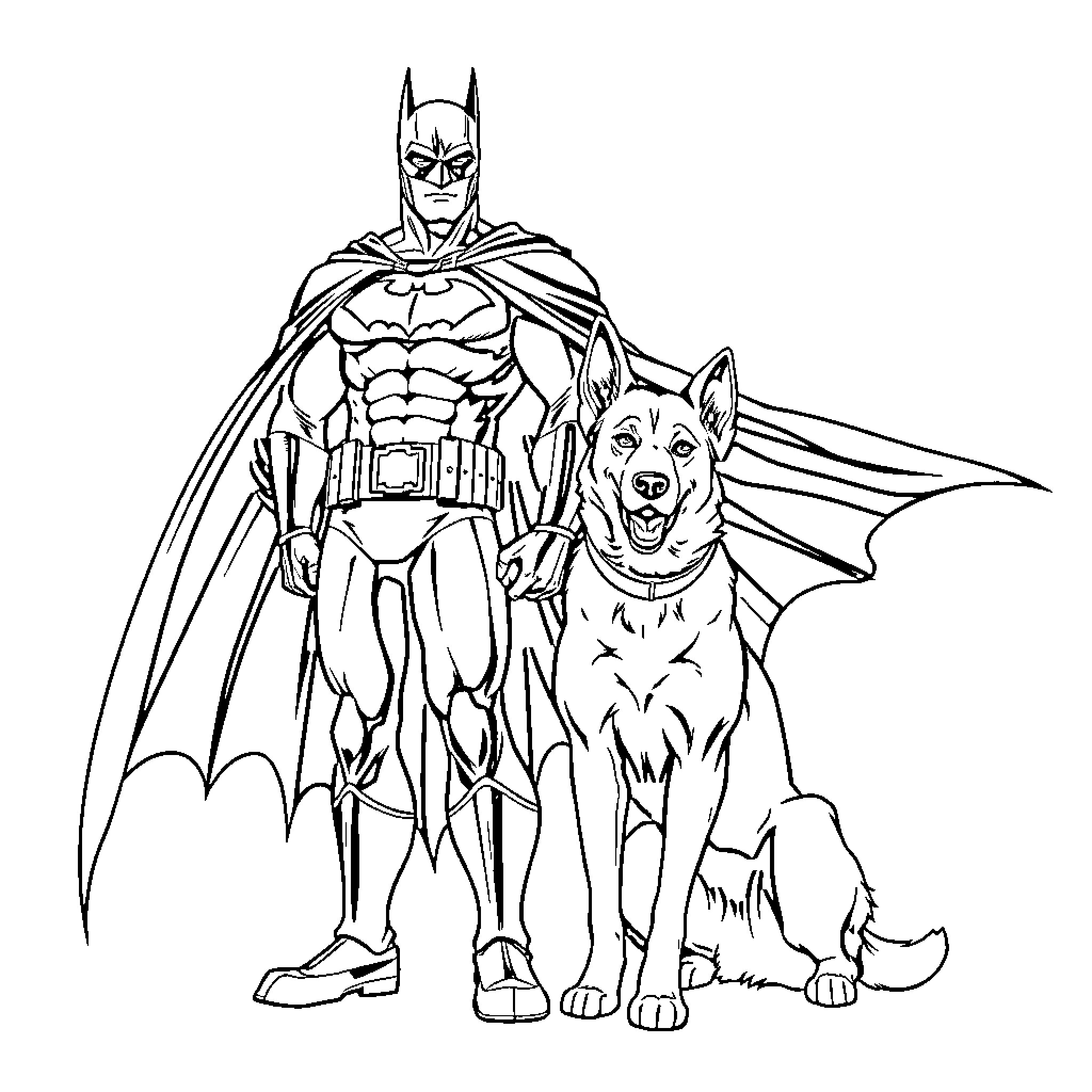 Batman and his Loyal Canine Companion Coloring Page (free black-and-white line drawing printable PDF for all, from beginners to advanced learners, including children, teens, adults, and seniors)