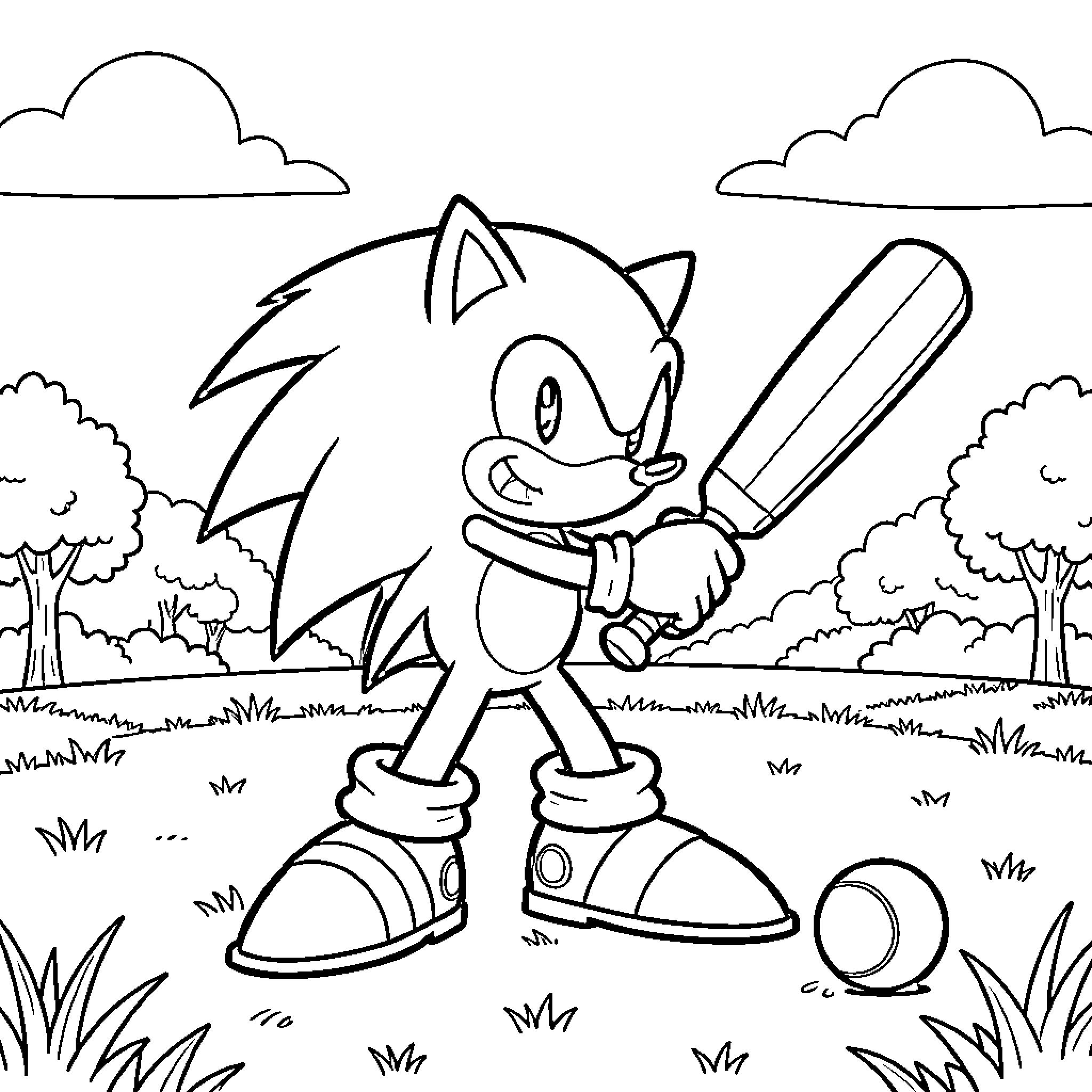 Sonic holding a cricket bat and ready to play Coloring Page (free black-and-white line drawing printable PDF for all, from beginners to advanced learners, including children, teens, adults, and seniors)