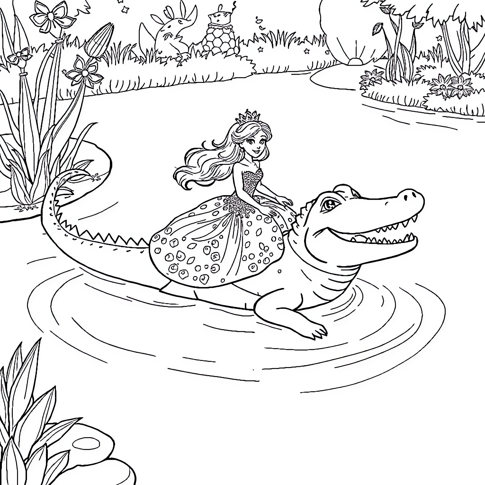 Princess riding a friendly alligator in a magical garden Coloring Page (free black-and-white line drawing printable PDF for all, from beginners to advanced learners, including children, teens, adults, and seniors)