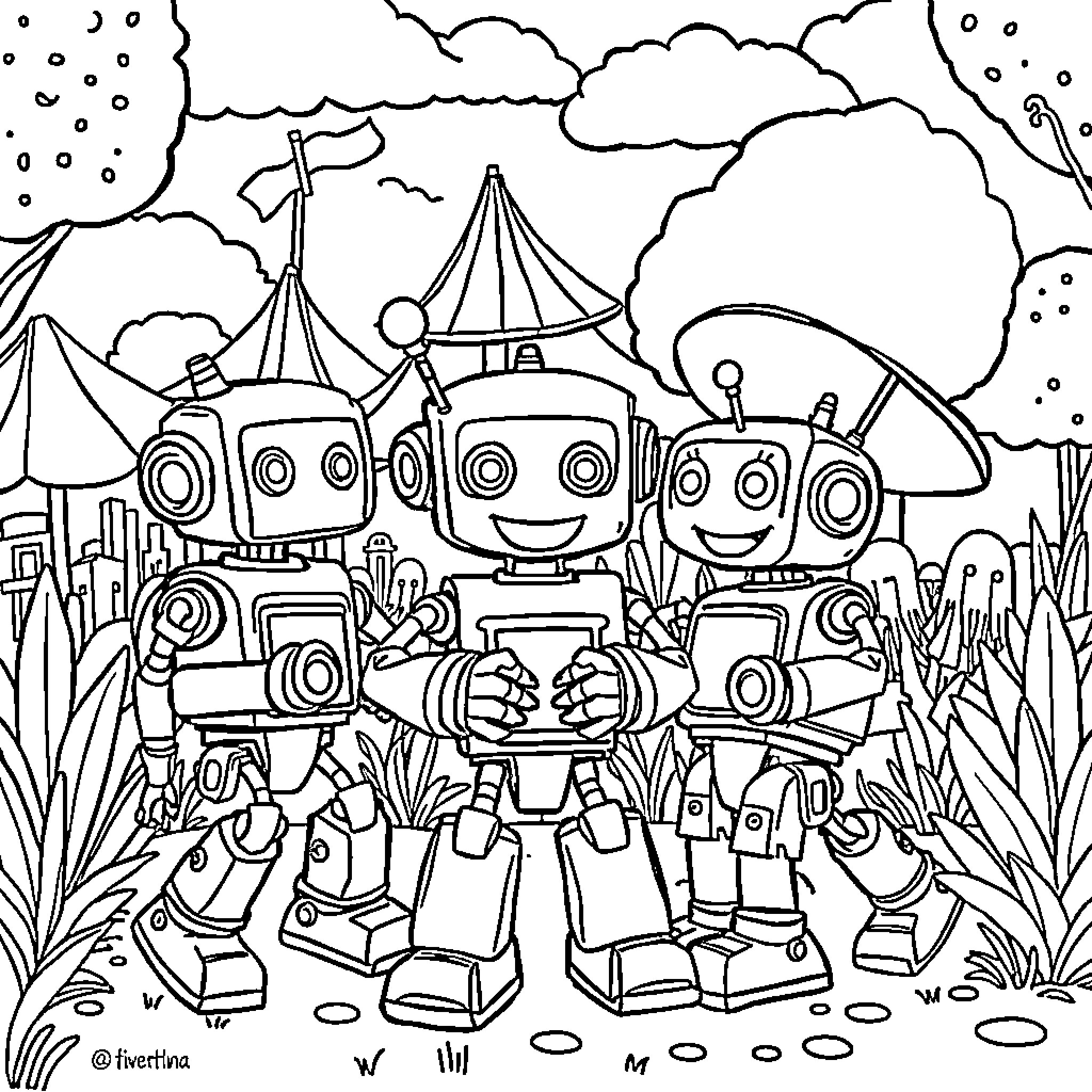 Storybot Robots Exploring Whimsical Landscape Coloring Page (free black-and-white line drawing printable PDF for all, from beginners to advanced learners, including children, teens, adults, and seniors)