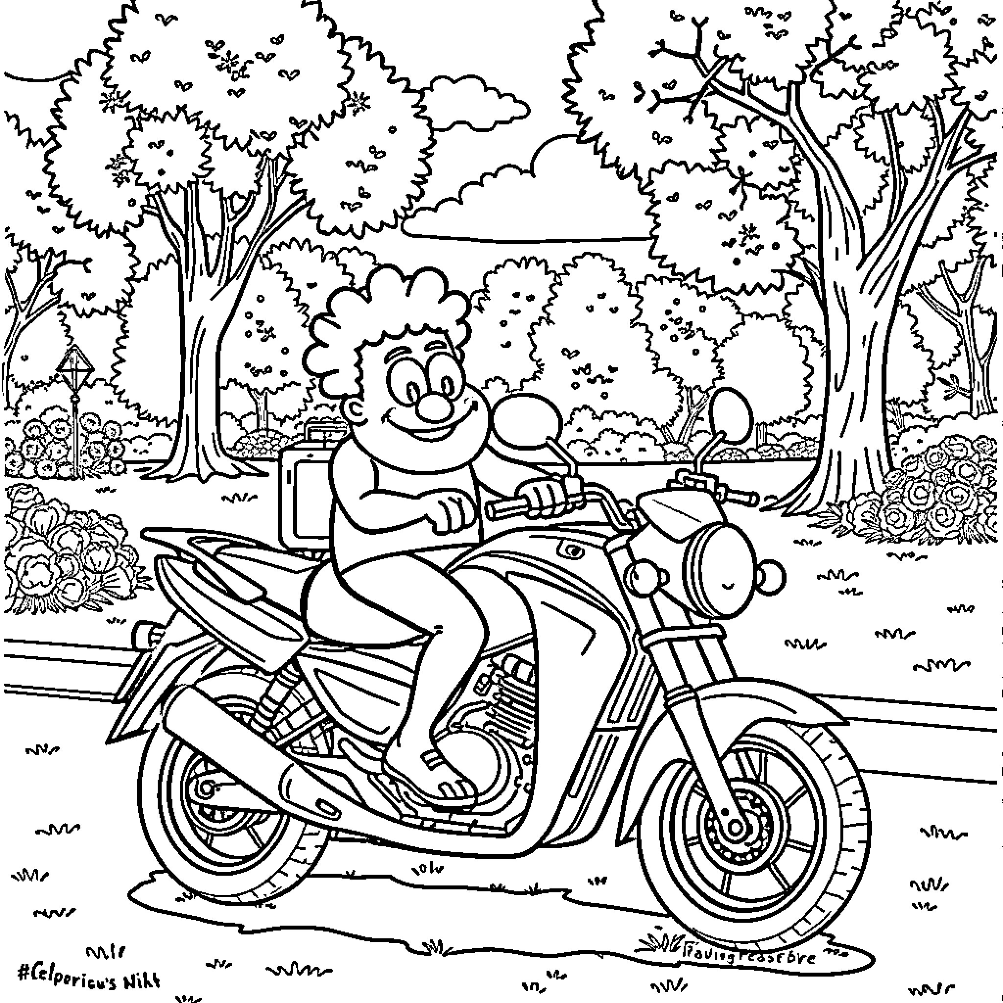 Sponge riding motorcycle through the forest Coloring Page (free black-and-white line drawing printable PDF for all, from beginners to advanced learners, including children, teens, adults, and seniors)