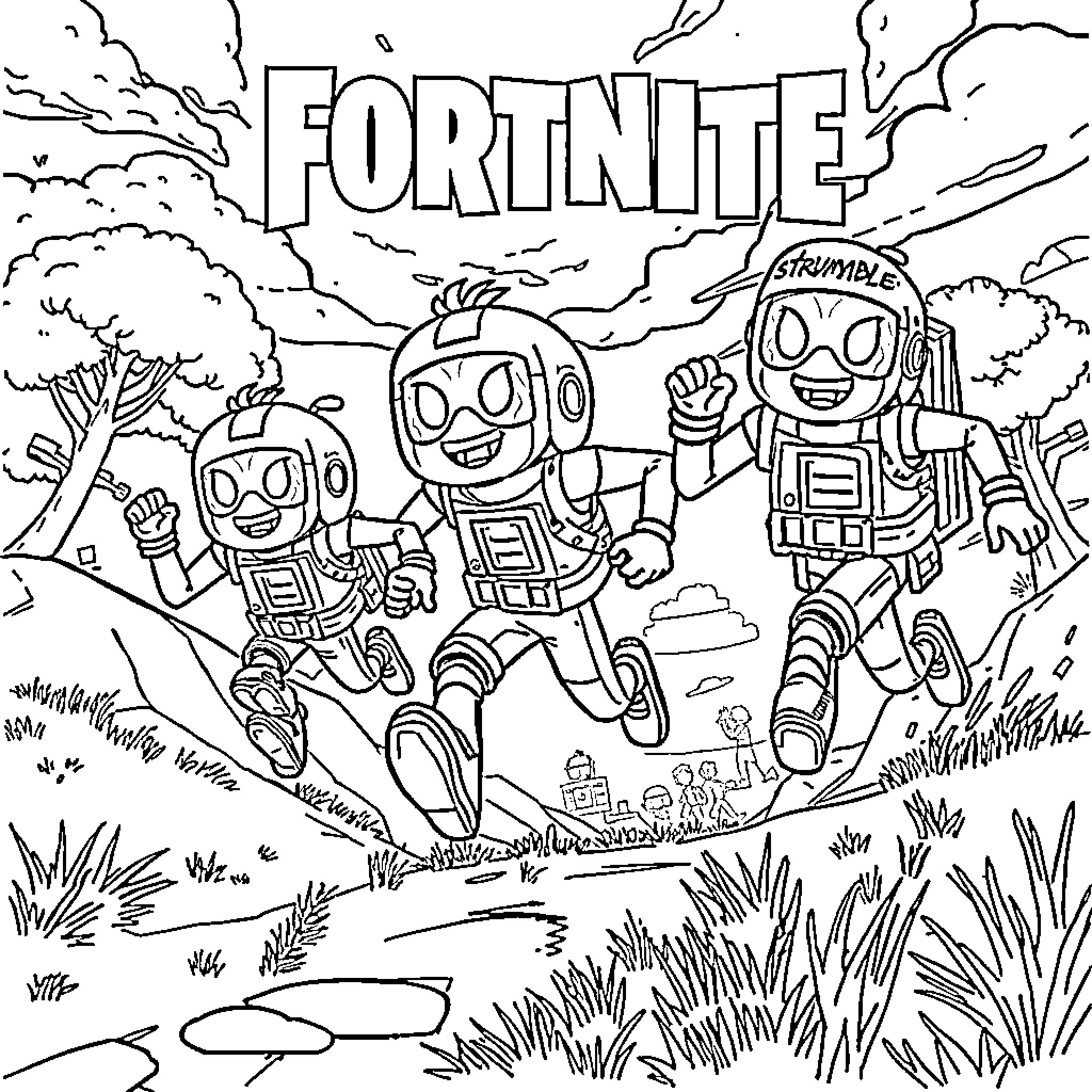 Strumble Guys in Fortnite Adventure Coloring Page (free black-and-white line drawing printable PDF for all, from beginners to advanced learners, including children, teens, adults, and seniors)