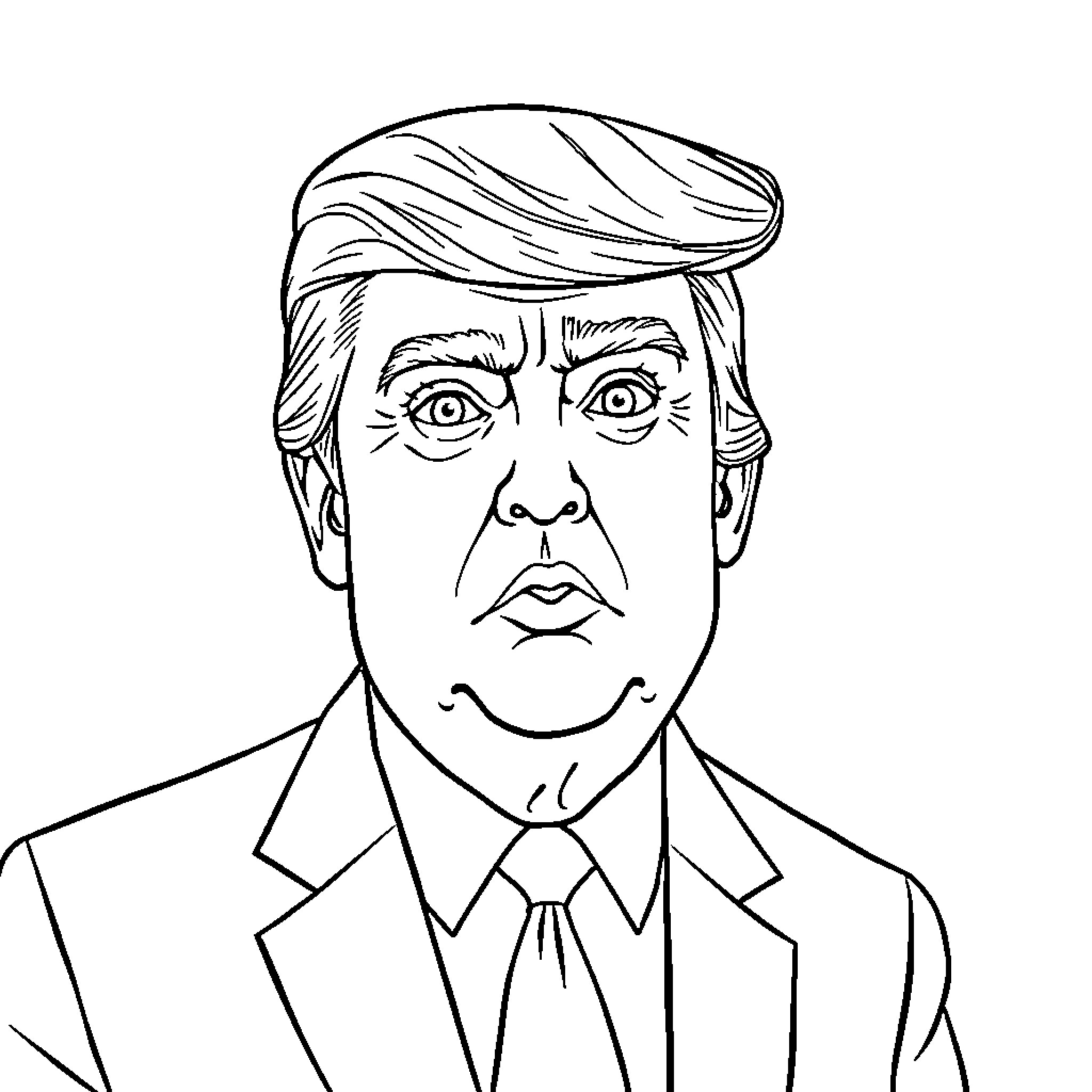 Trump's Serious Expression and Formal Attire Coloring Page (free black-and-white line drawing printable PDF for all, from beginners to advanced learners, including children, teens, adults, and seniors)