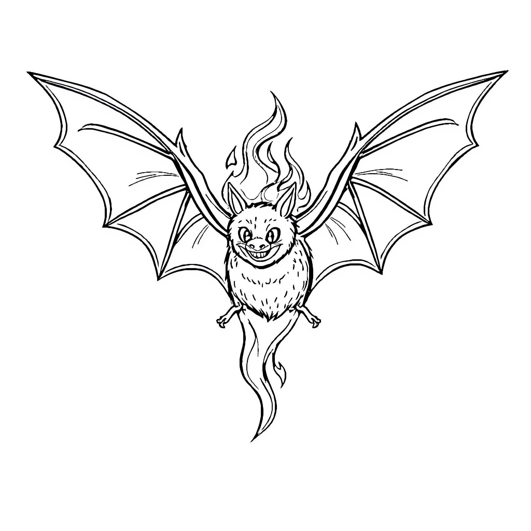 Bat with Playful Expressions and Wings Coloring Page (free black-and-white line drawing printable PDF for all, from beginners to advanced learners, including children, teens, adults, and seniors)