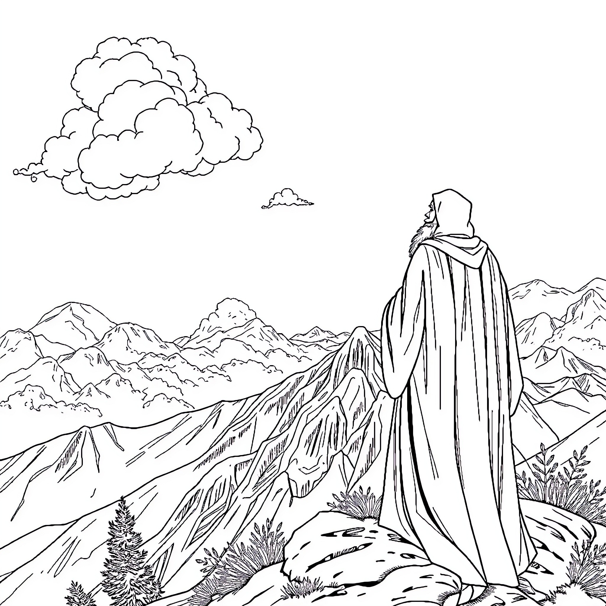 Homme contemplating the majestic mountain landscape Coloring Page (free black-and-white line drawing printable PDF for all, from beginners to advanced learners, including children, teens, adults, and seniors)