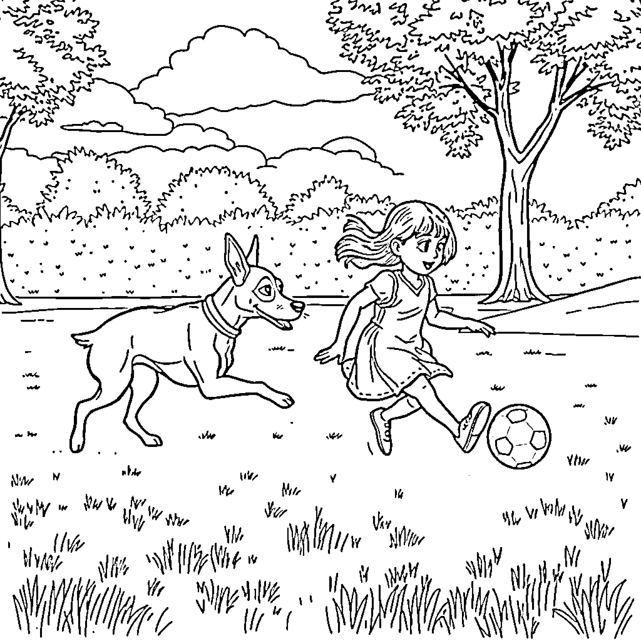 Perro jugando con niña en el parque Coloring Page (free black-and-white line drawing printable PDF for all, from beginners to advanced learners, including children, teens, adults, and seniors)