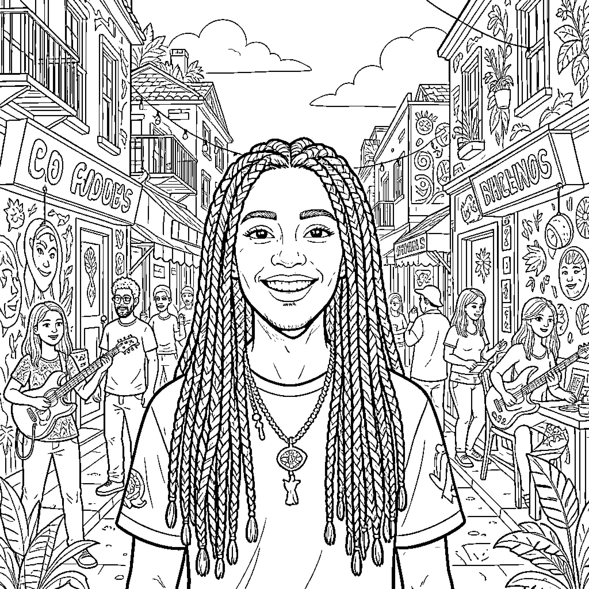 Rasta Girl Enjoying the Vibrant Street Scene Coloring Page (free black-and-white line drawing printable PDF for all, from beginners to advanced learners, including children, teens, adults, and seniors)