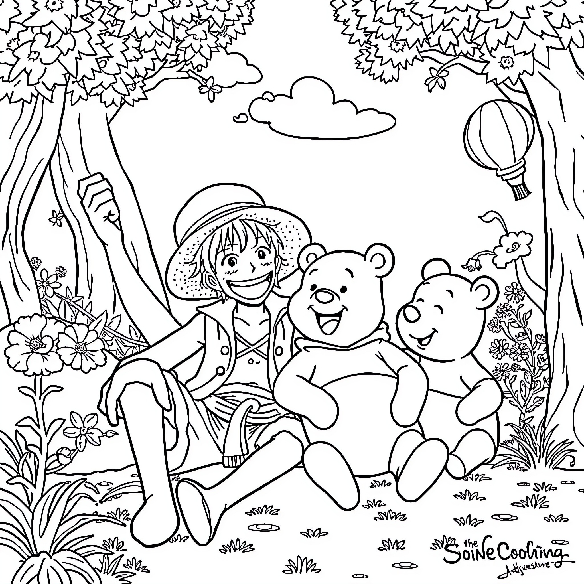 Character enjoying nature with friends in the forest Coloring Page (free black-and-white line drawing printable PDF for all, from beginners to advanced learners, including children, teens, adults, and seniors)