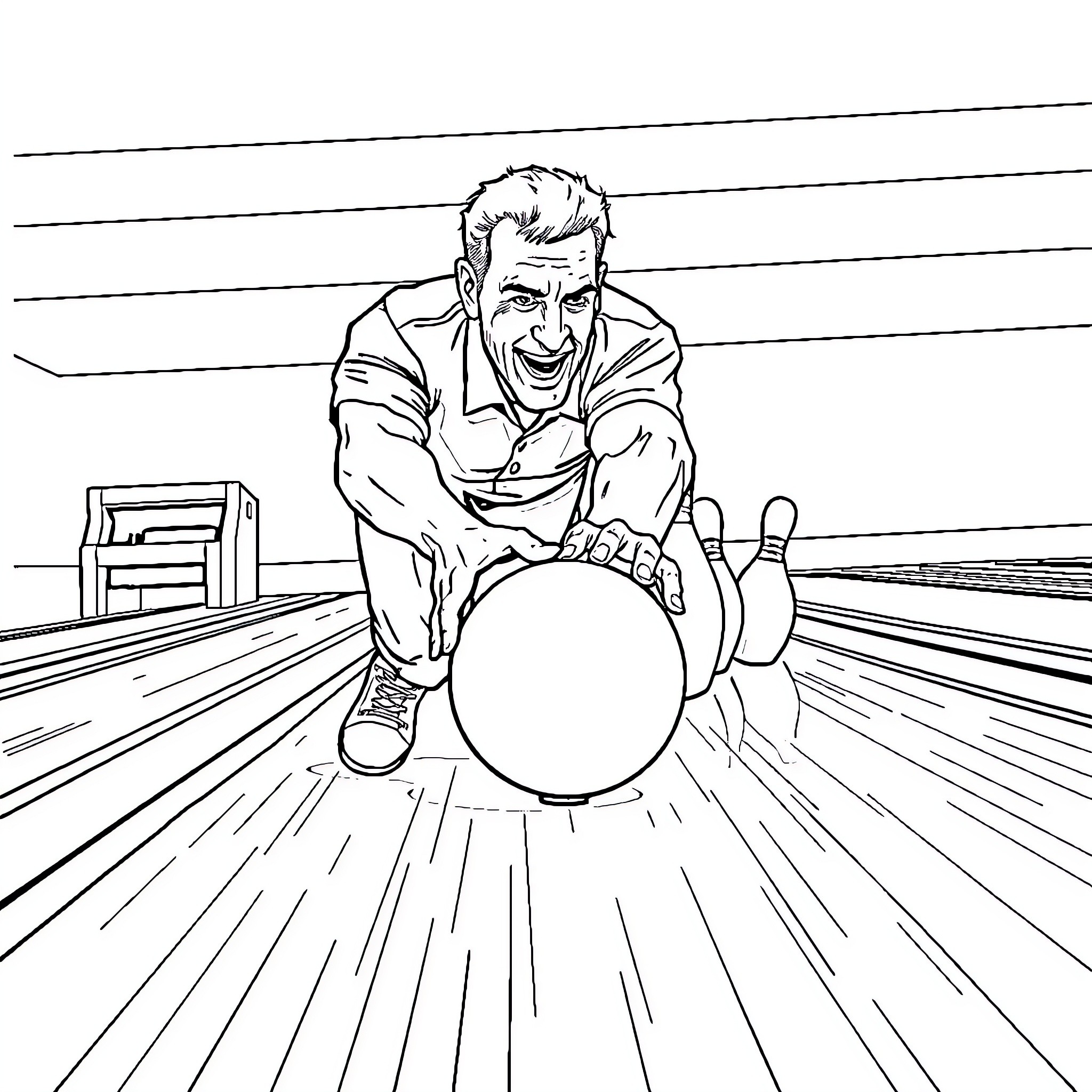 Bowling player rolling ball excitedly on lane Coloring Page (free black-and-white line drawing printable PDF for all, from beginners to advanced learners, including children, teens, adults, and seniors)