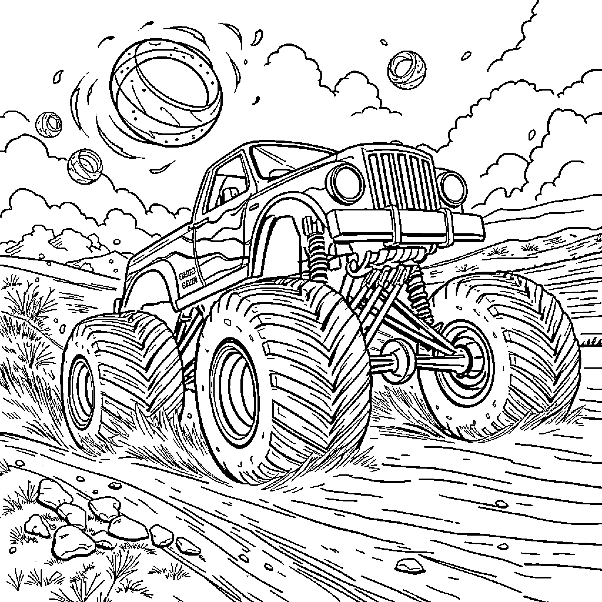 Yo Yo Monster Truck Racing Adventure Coloring Page (free black-and-white line drawing printable PDF for all, from beginners to advanced learners, including children, teens, adults, and seniors)