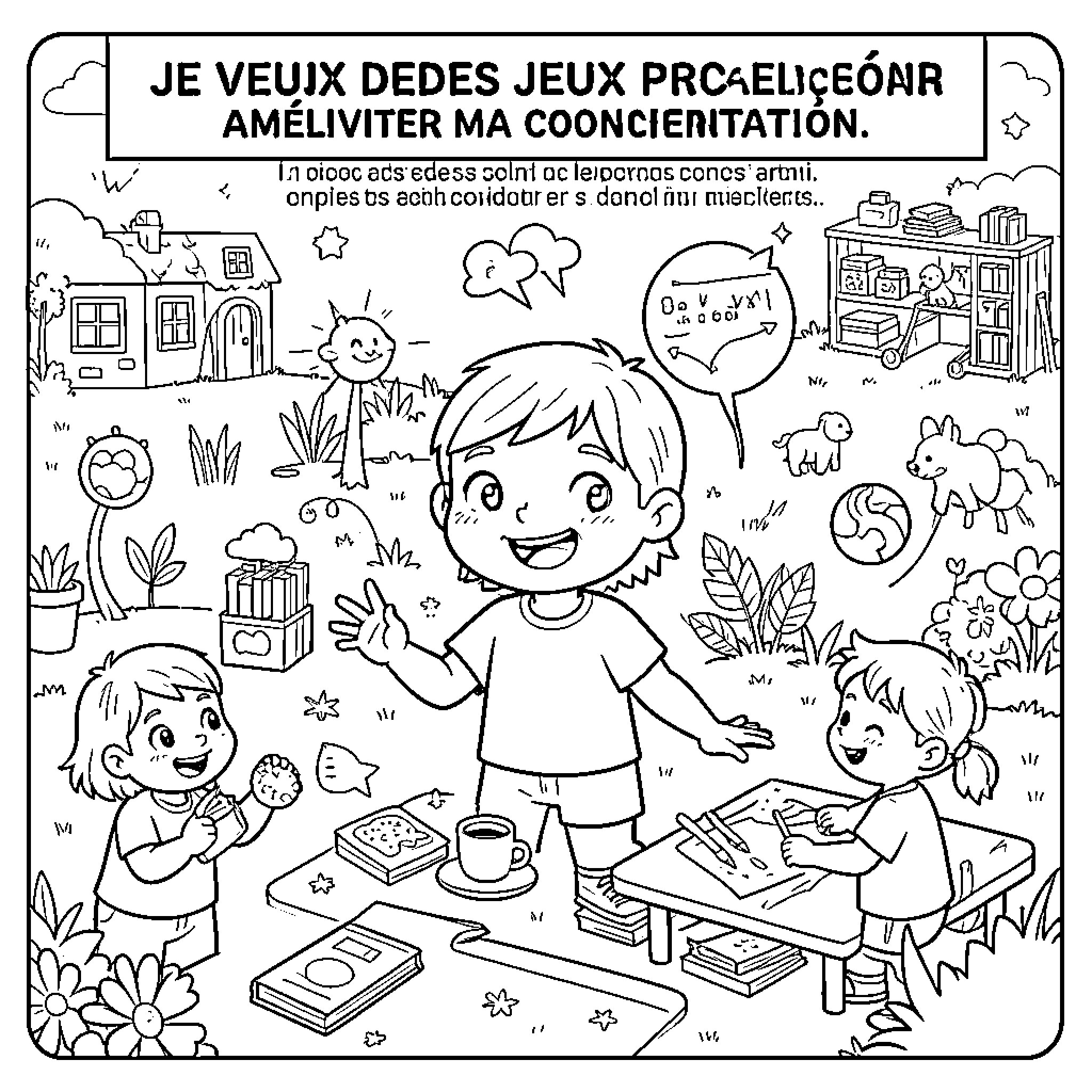 Concentration Games with children playing and learning together Coloring Page (free black-and-white line drawing printable PDF for all, from beginners to advanced learners, including children, teens, adults, and seniors)