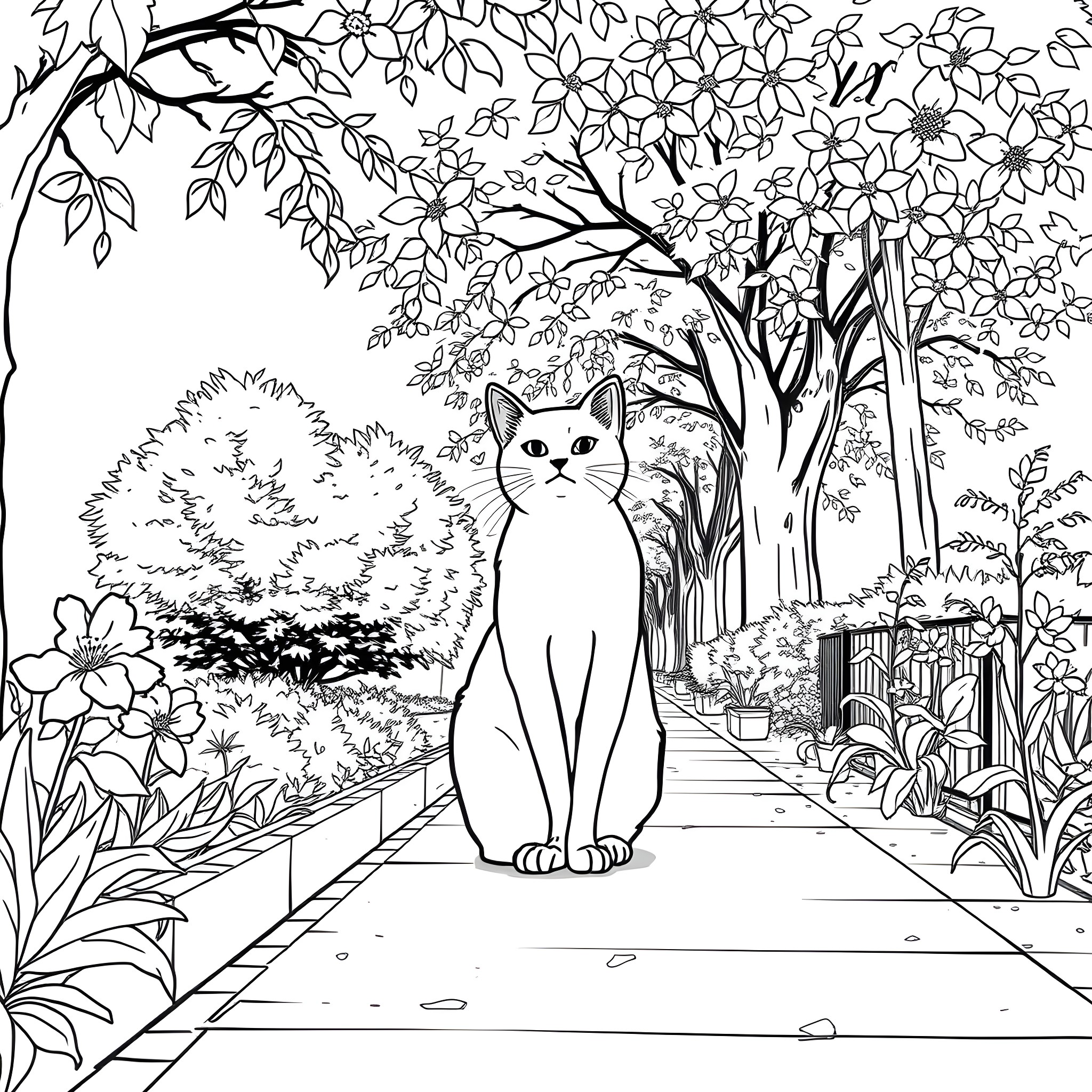 Cat in a Floral Garden Coloring Page (free black-and-white line drawing printable PDF for all, from beginners to advanced learners, including children, teens, adults, and seniors)