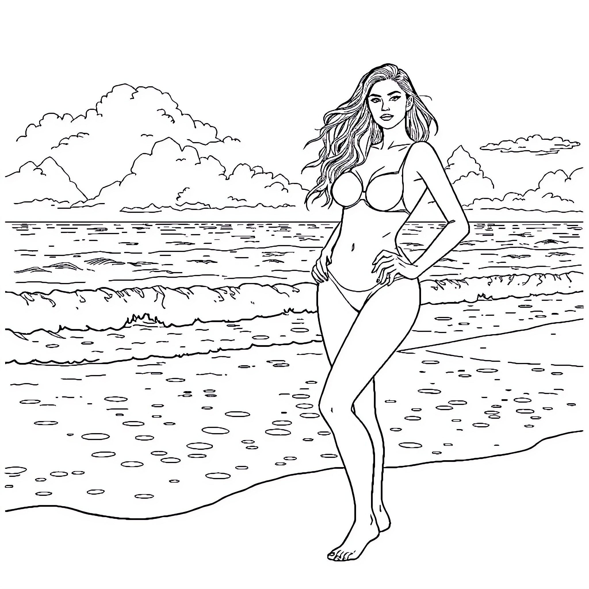 Supermodel enjoying serene beach scenery Coloring Page (free black-and-white line drawing printable PDF for all, from beginners to advanced learners, including children, teens, adults, and seniors)
