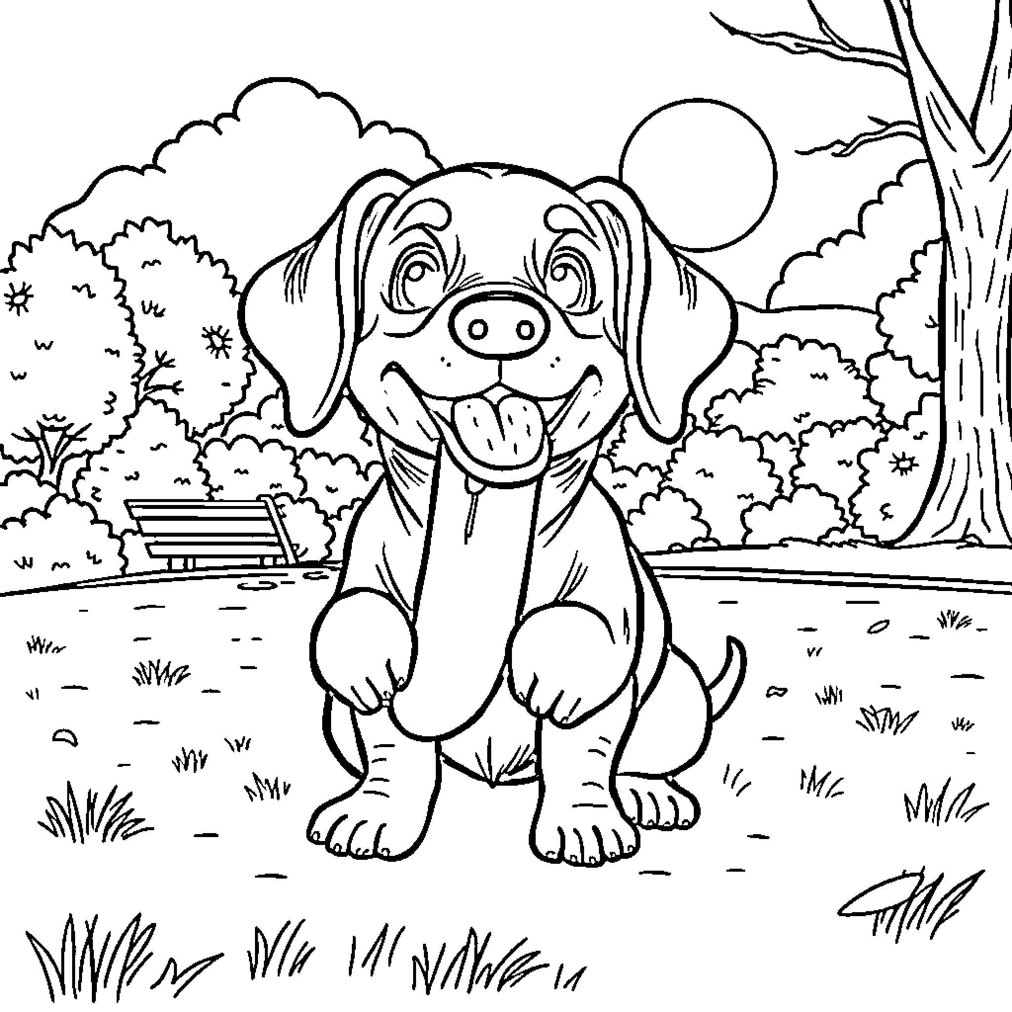 Wiener Dog enjoying the outdoors Coloring Page (free black-and-white line drawing printable PDF for all, from beginners to advanced learners, including children, teens, adults, and seniors)