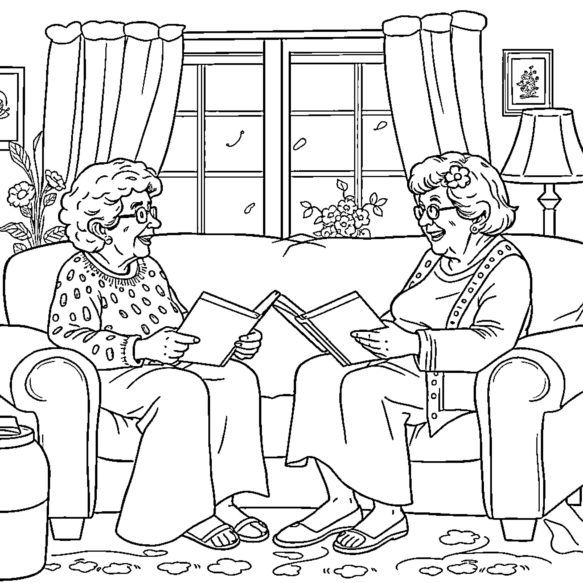 Granny Knitters Enjoying Quality Time Together Coloring Page (free black-and-white line drawing printable PDF for all, from beginners to advanced learners, including children, teens, adults, and seniors)