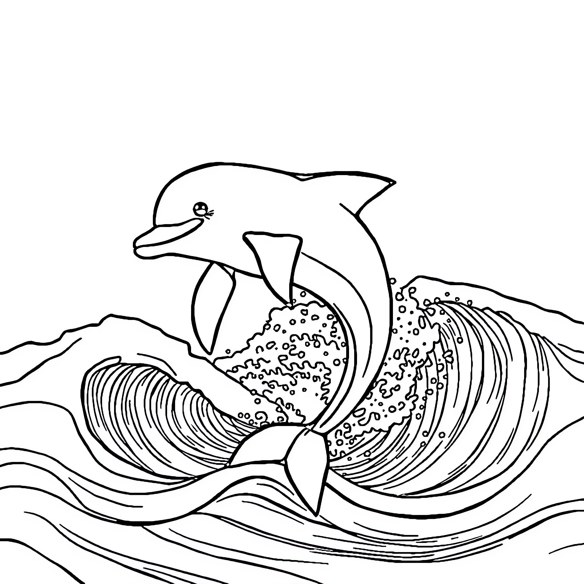 Dolphin Surfing Amidst Crashing Waves Coloring Page (free black-and-white line drawing printable PDF for all, from beginners to advanced learners, including children, teens, adults, and seniors)
