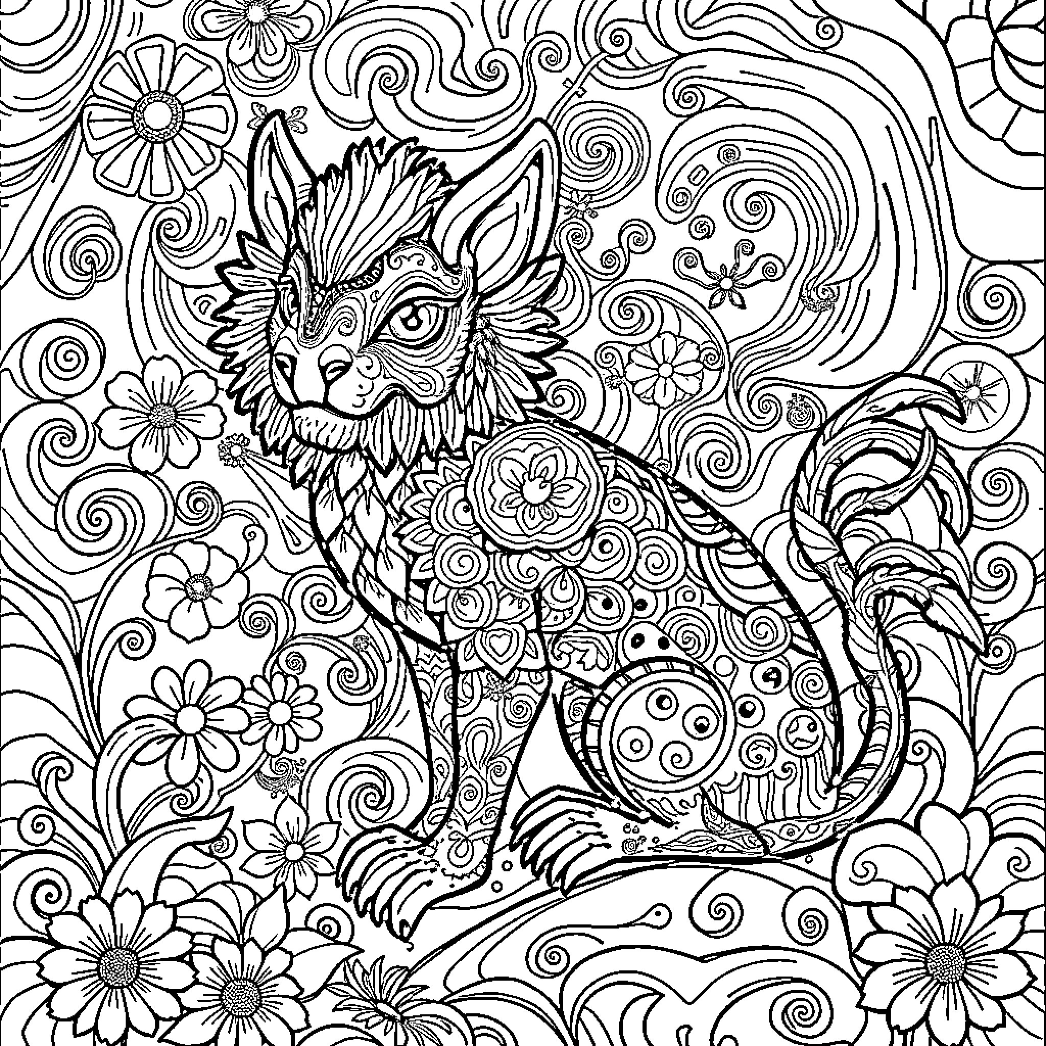 Lisa Frank's Whimsical Feline Fantasy Coloring Page (free black-and-white line drawing printable PDF for all, from beginners to advanced learners, including children, teens, adults, and seniors)