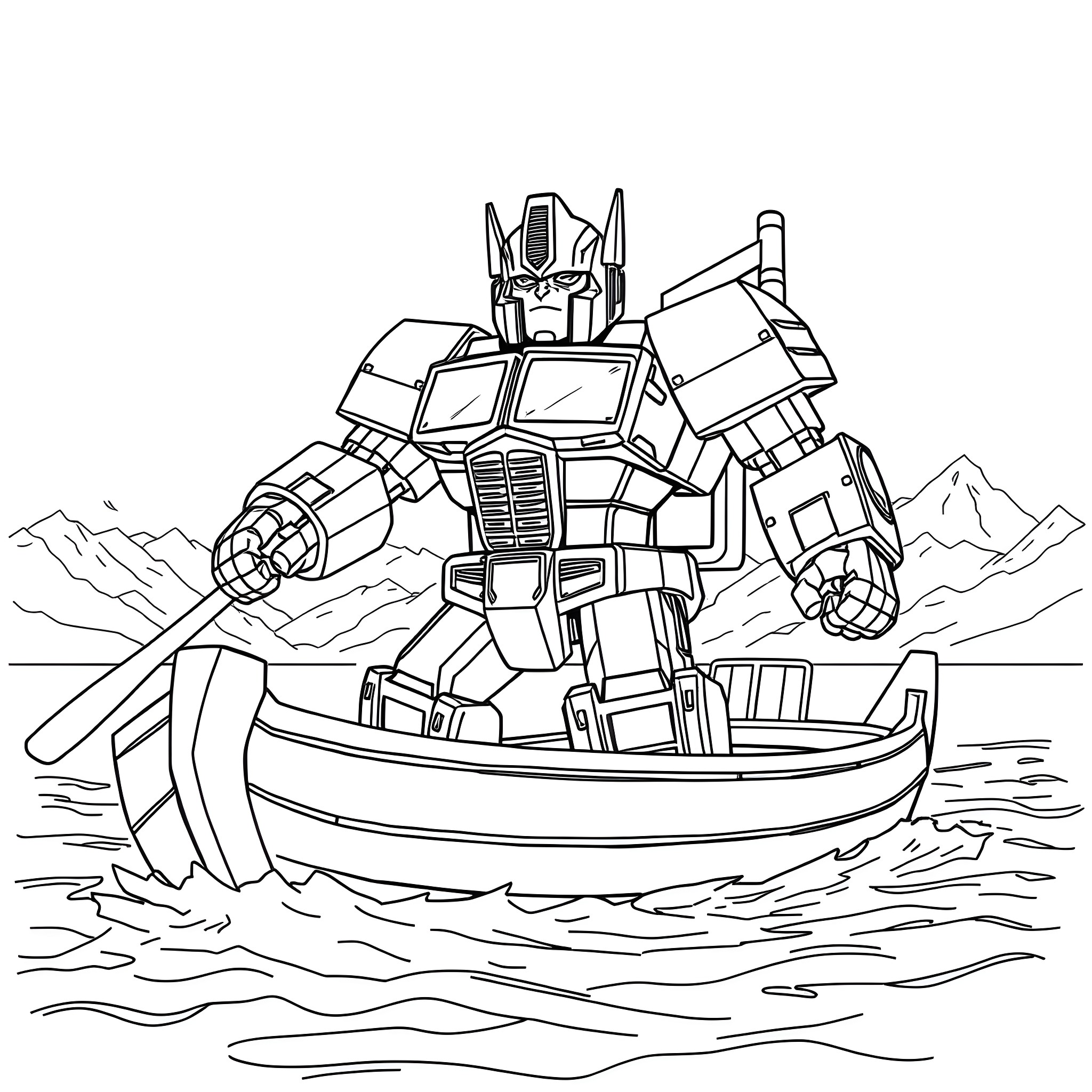 Optimus Prime battling in an action-packed scene Coloring Page (free black-and-white line drawing printable PDF for all, from beginners to advanced learners, including children, teens, adults, and seniors)