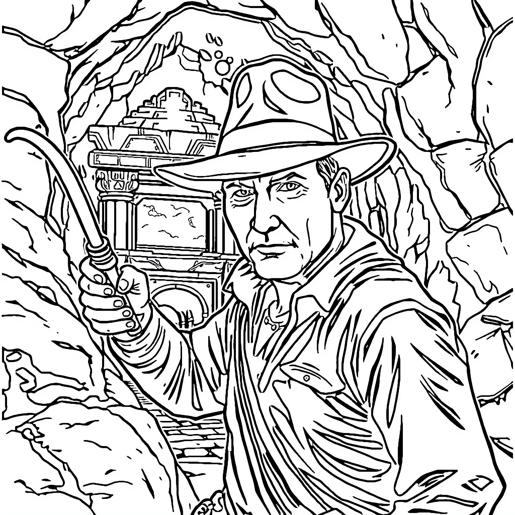 Indiana Jones and the Mysterious Artifact Discovery Coloring Page (free black-and-white line drawing printable PDF for all, from beginners to advanced learners, including children, teens, adults, and seniors)