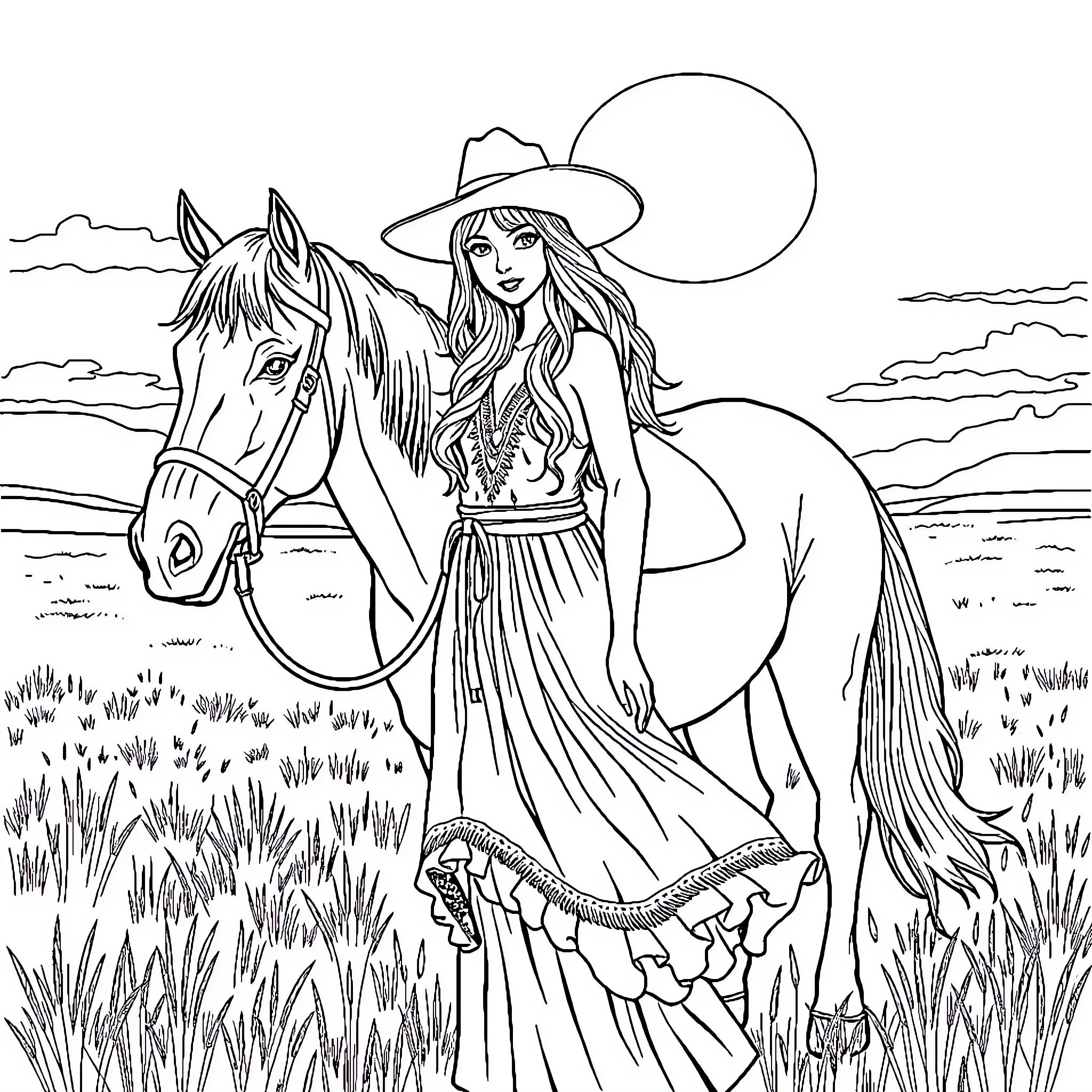Cowgirl riding horse through scenic landscape Coloring Page (free black-and-white line drawing printable PDF for all, from beginners to advanced learners, including children, teens, adults, and seniors)
