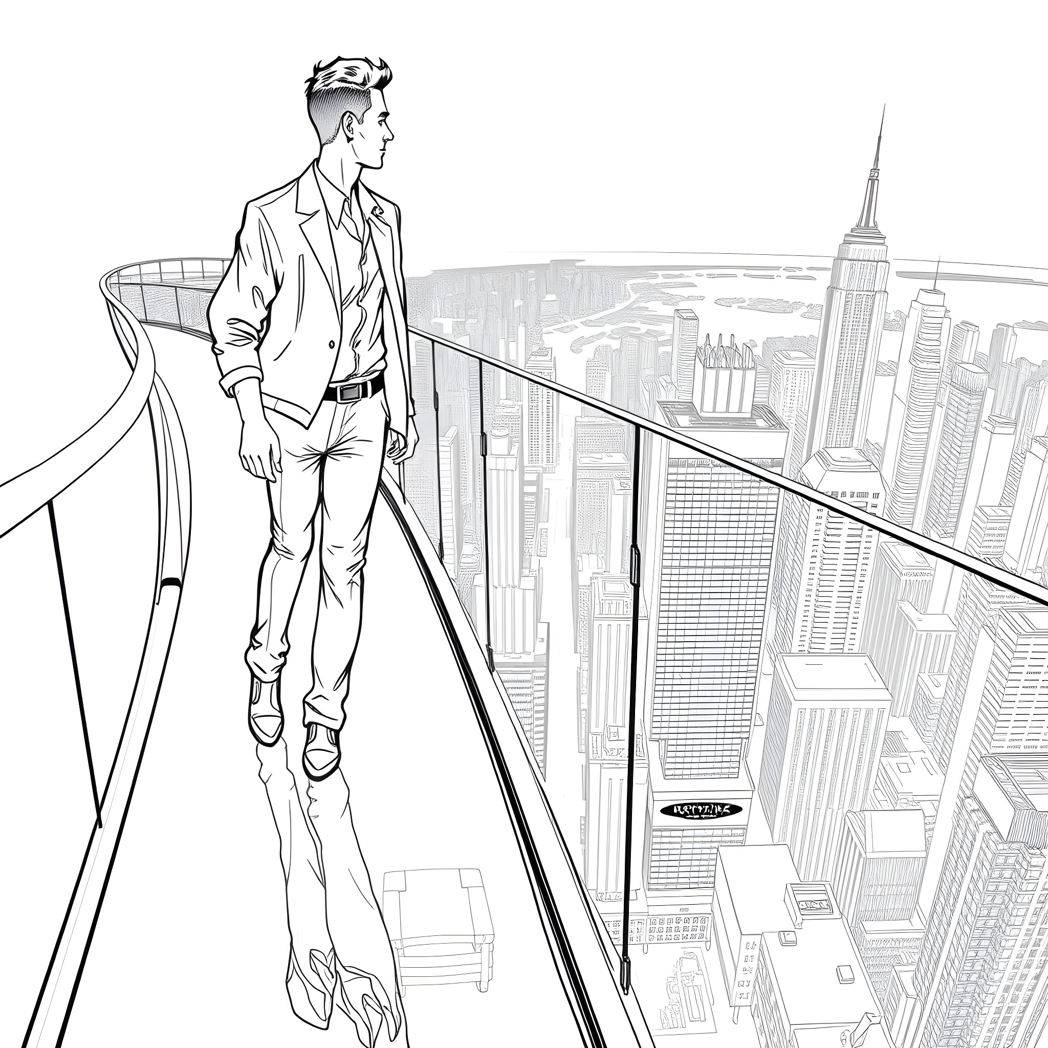 Man walking on tightrope over city skyline Coloring Page (free black-and-white line drawing printable PDF for all, from beginners to advanced learners, including children, teens, adults, and seniors)