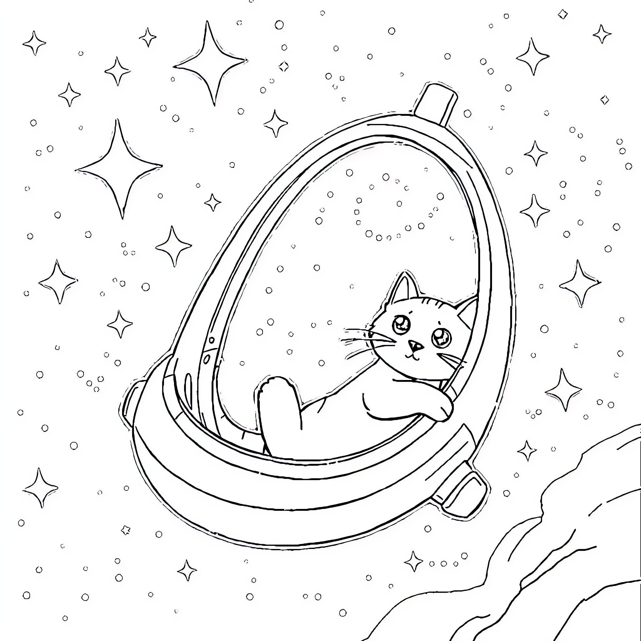 Cat in a space capsule among the stars Coloring Page (free black-and-white line drawing printable PDF for all, from beginners to advanced learners, including children, teens, adults, and seniors)