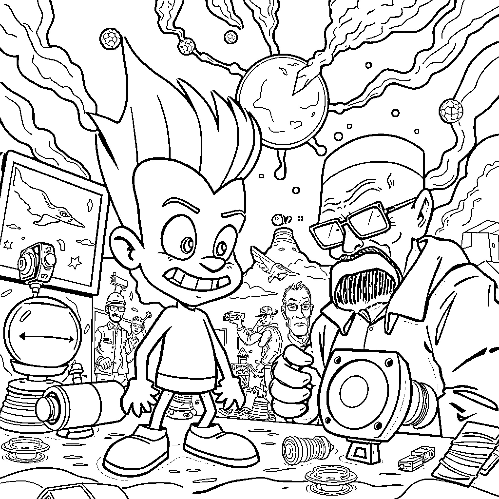 Jimmy Neutron Inventing Gadgets in a Futuristic World Coloring Page (free black-and-white line drawing printable PDF for all, from beginners to advanced learners, including children, teens, adults, and seniors)