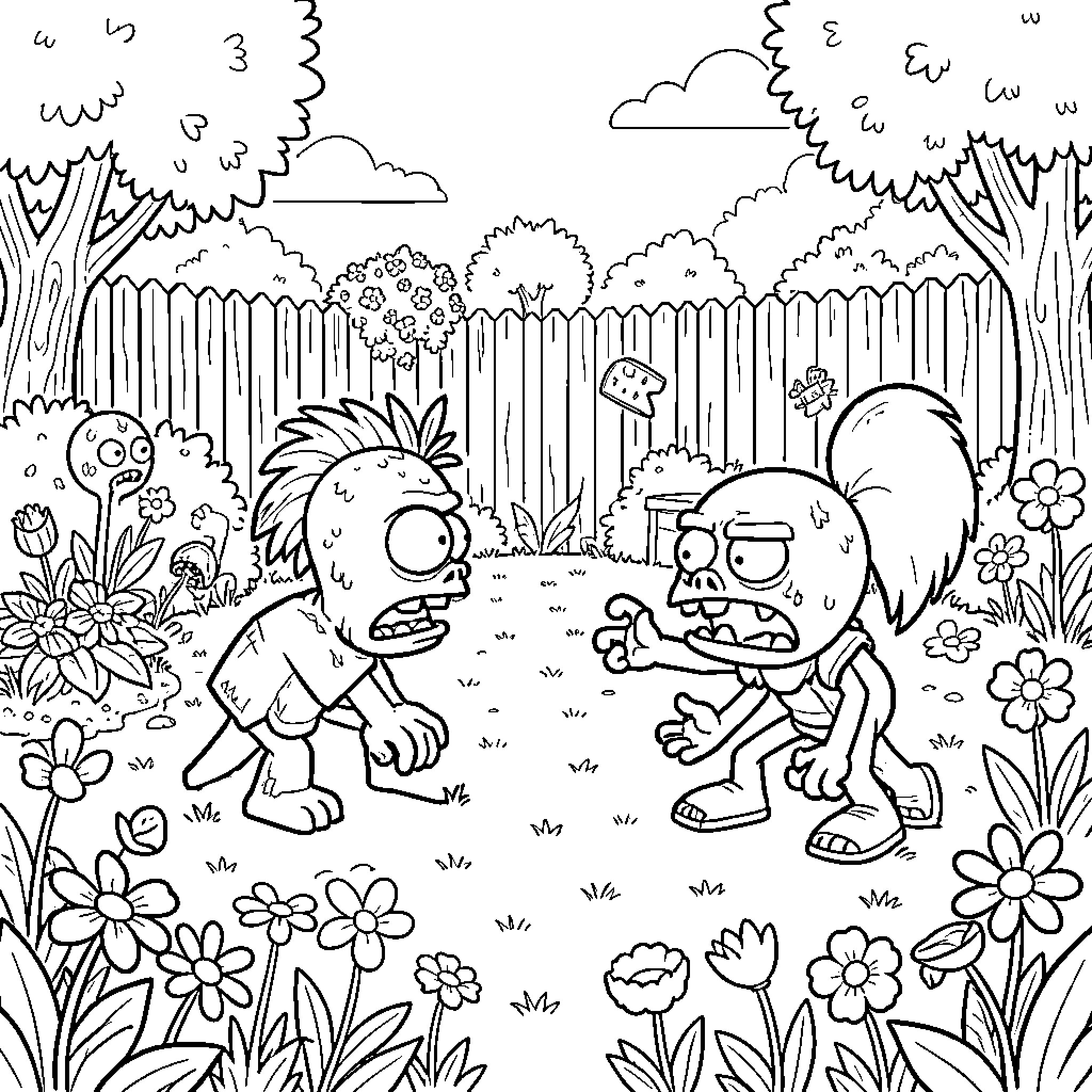 Plant vs Zombie characters facing off in a garden Coloring Page (free black-and-white line drawing printable PDF for all, from beginners to advanced learners, including children, teens, adults, and seniors)