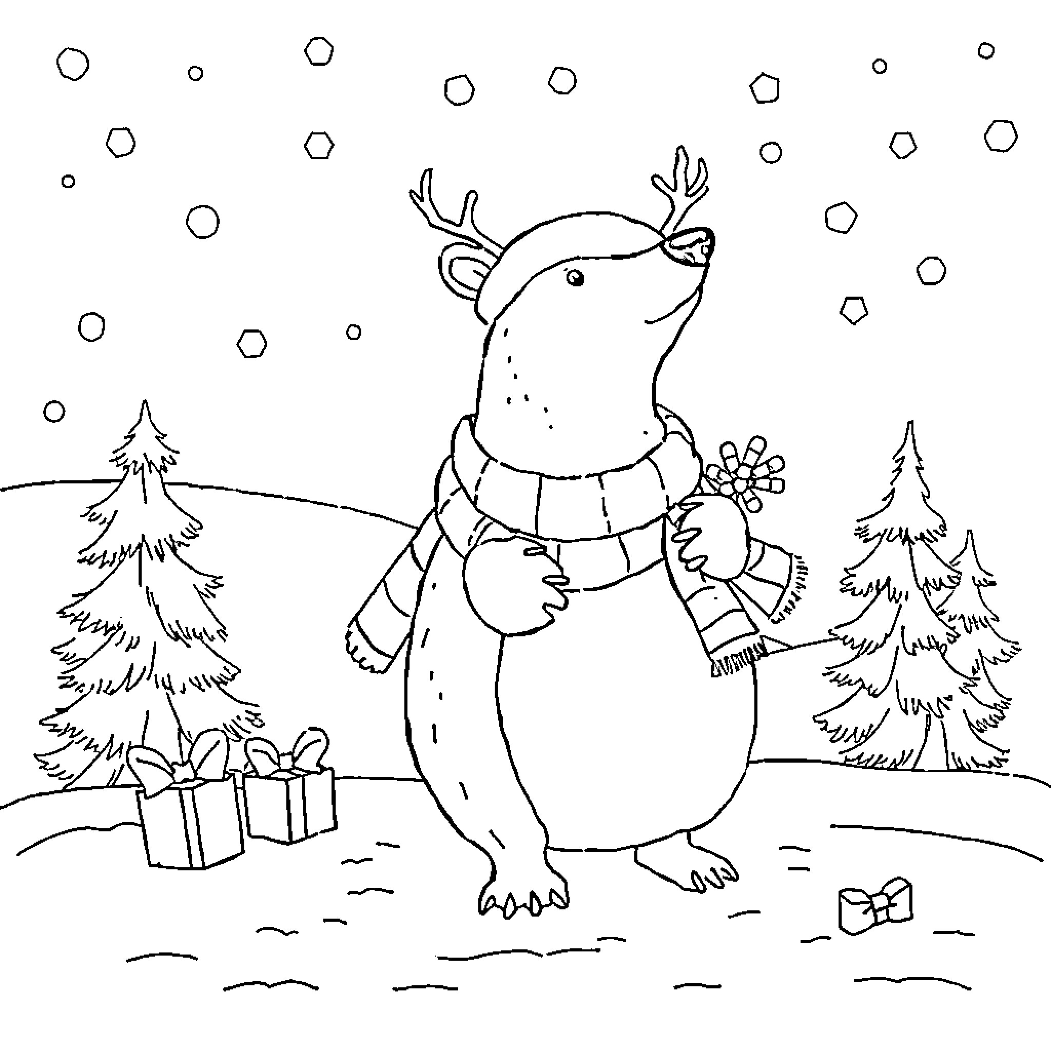 Bull standing in snowy winter wonderland Coloring Page (free black-and-white line drawing printable PDF for all, from beginners to advanced learners, including children, teens, adults, and seniors)