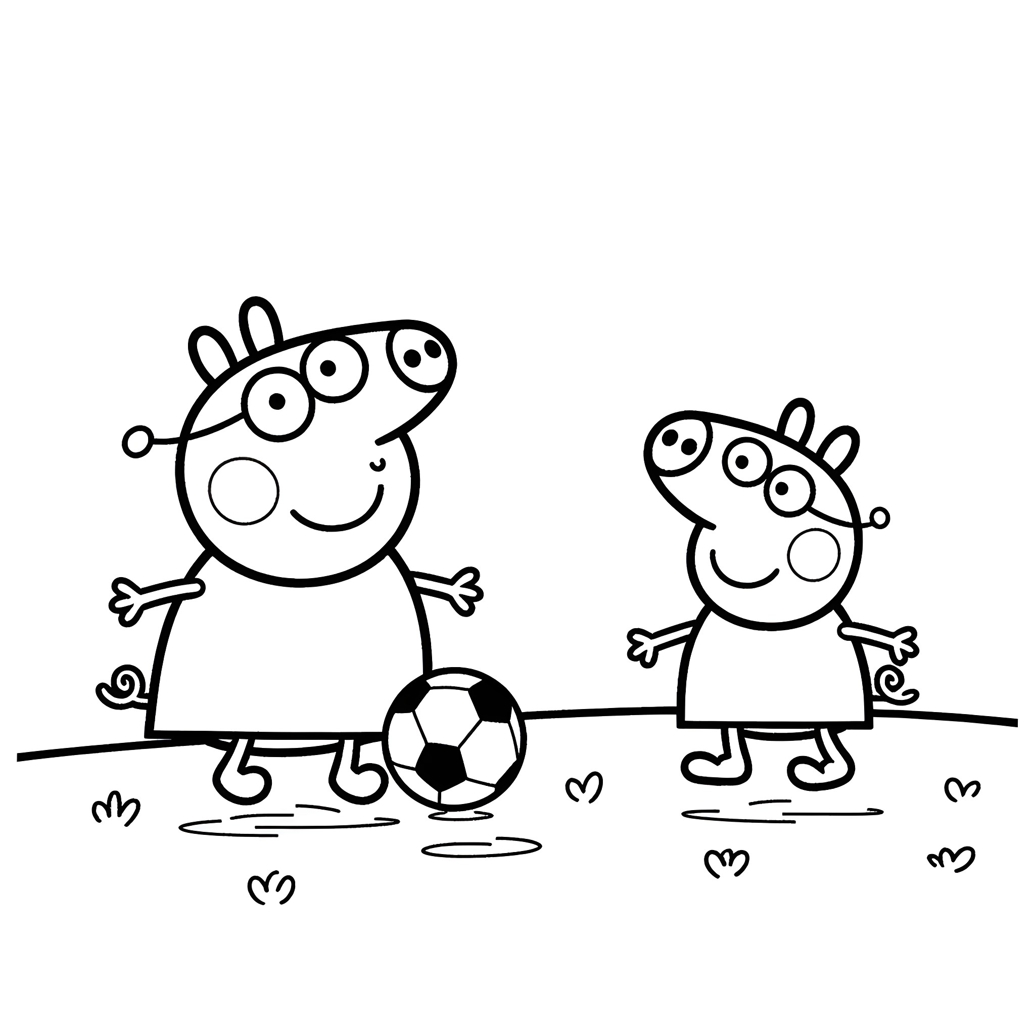 Peppa Pig playing soccer with friend Coloring Page (free black-and-white line drawing printable PDF for all, from beginners to advanced learners, including children, teens, adults, and seniors)