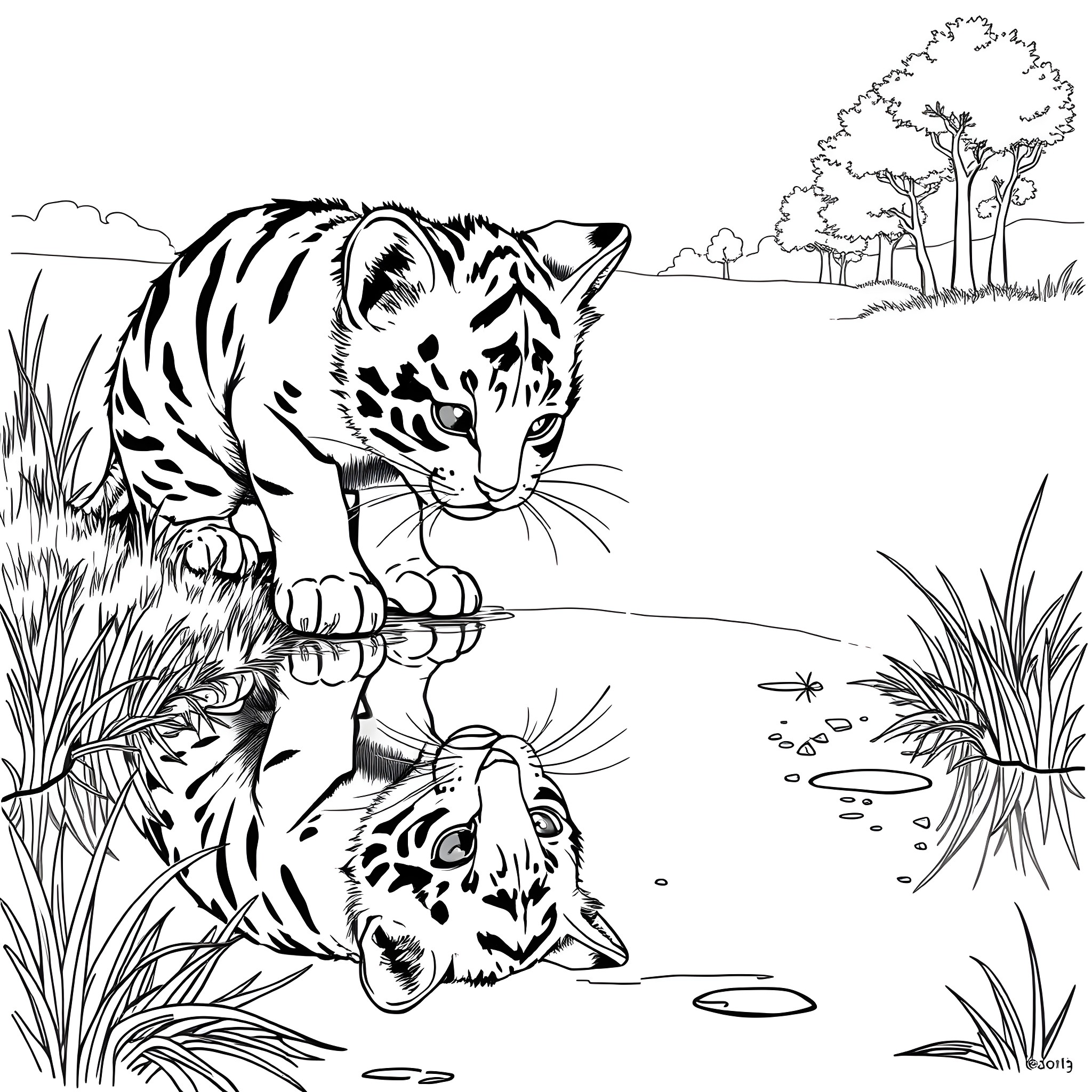 Kitten exploring the forest by the pond Coloring Page (free black-and-white line drawing printable PDF for all, from beginners to advanced learners, including children, teens, adults, and seniors)