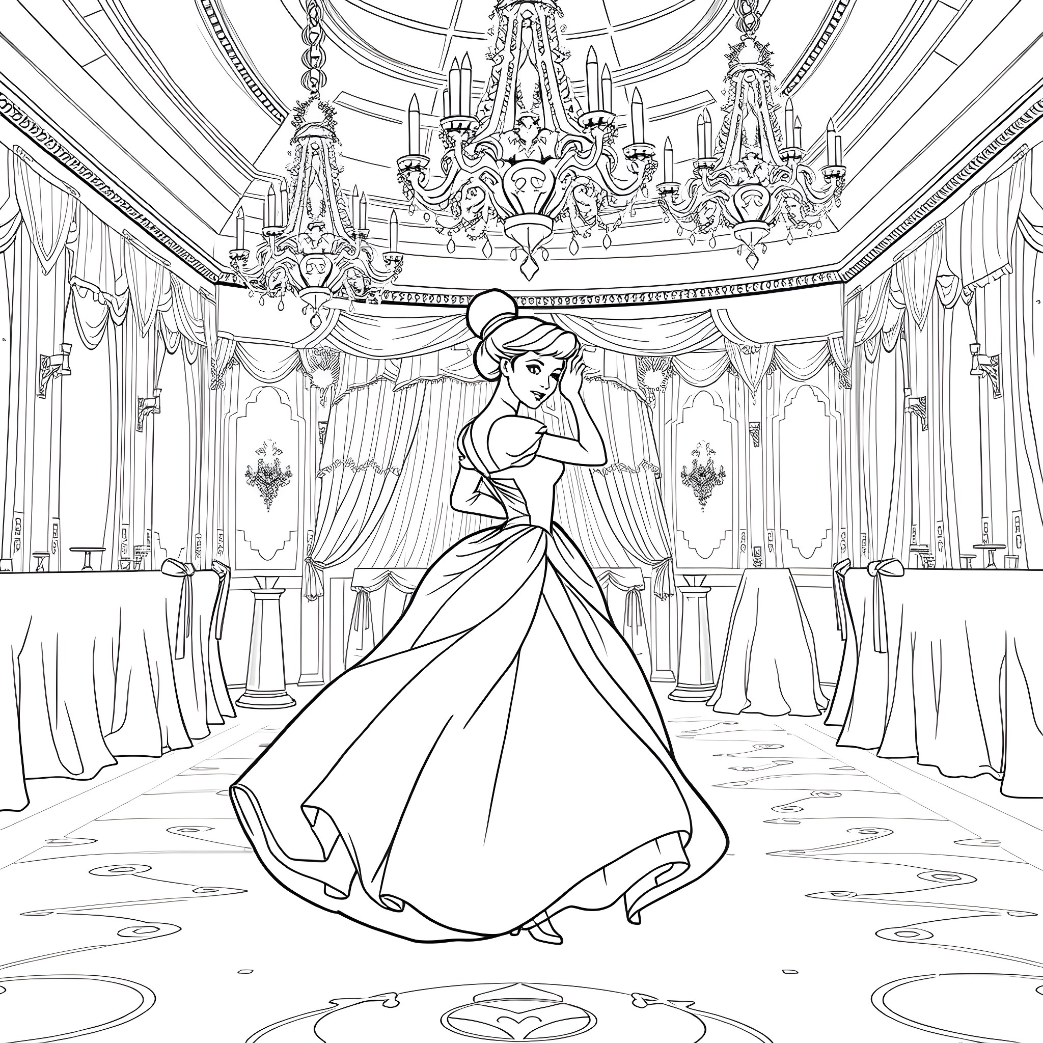 Cinderella dancing gracefully in grand palace ballroom Coloring Page (free black-and-white line drawing printable PDF for all, from beginners to advanced learners, including children, teens, adults, and seniors)