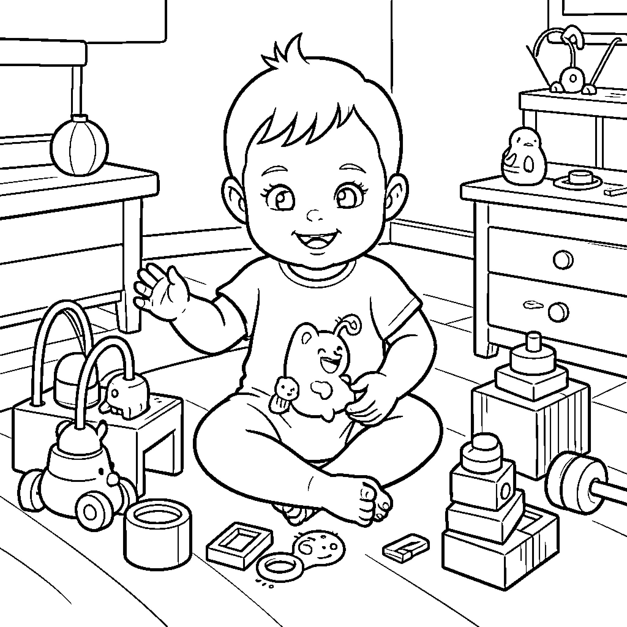 Baby playing with toys in the nursery Coloring Page (free black-and-white line drawing printable PDF for all, from beginners to advanced learners, including children, teens, adults, and seniors)